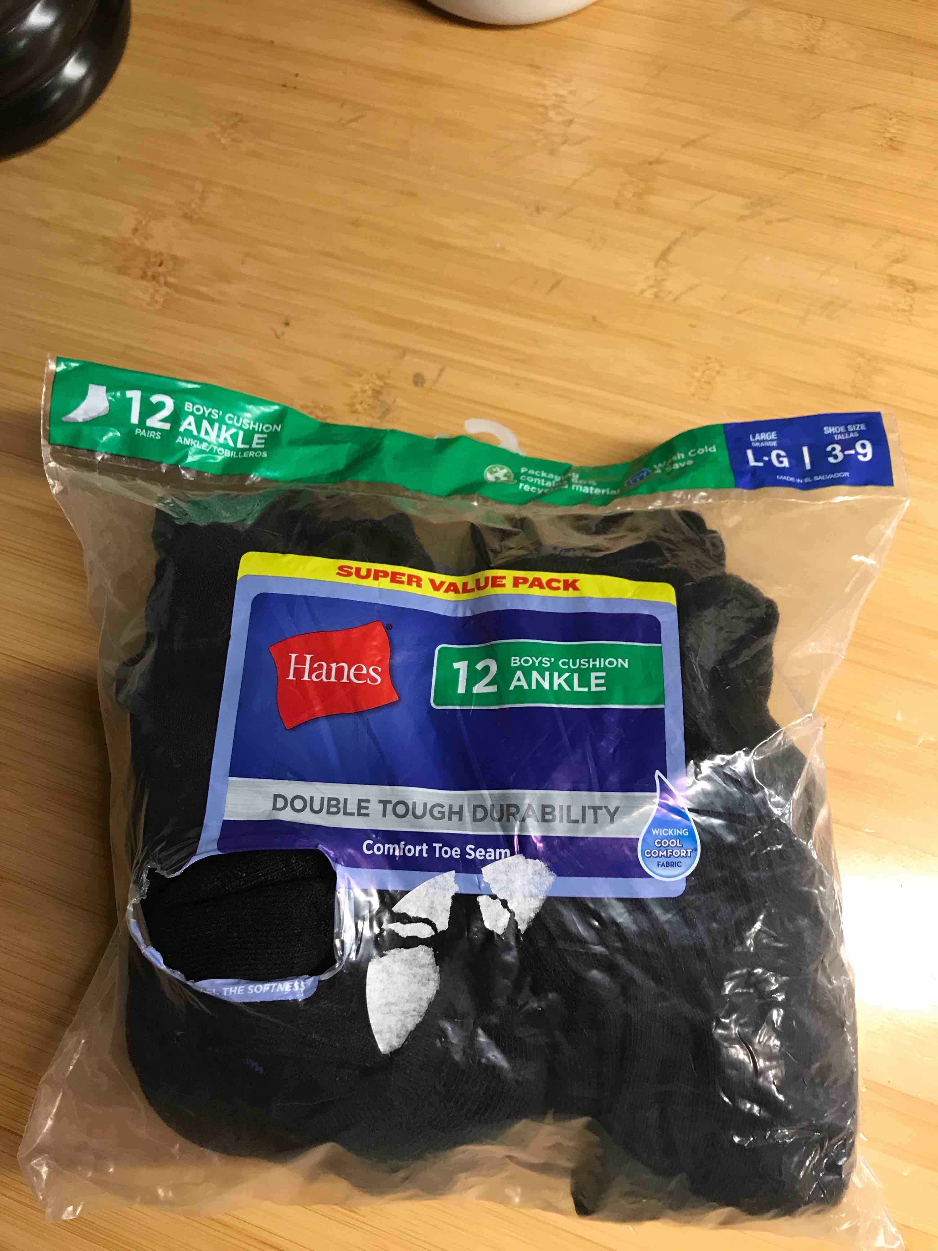 Condition photo showing New/Like New for Hanes Boys' 12pk Cushioned Ankle Athletic Socks - Black L