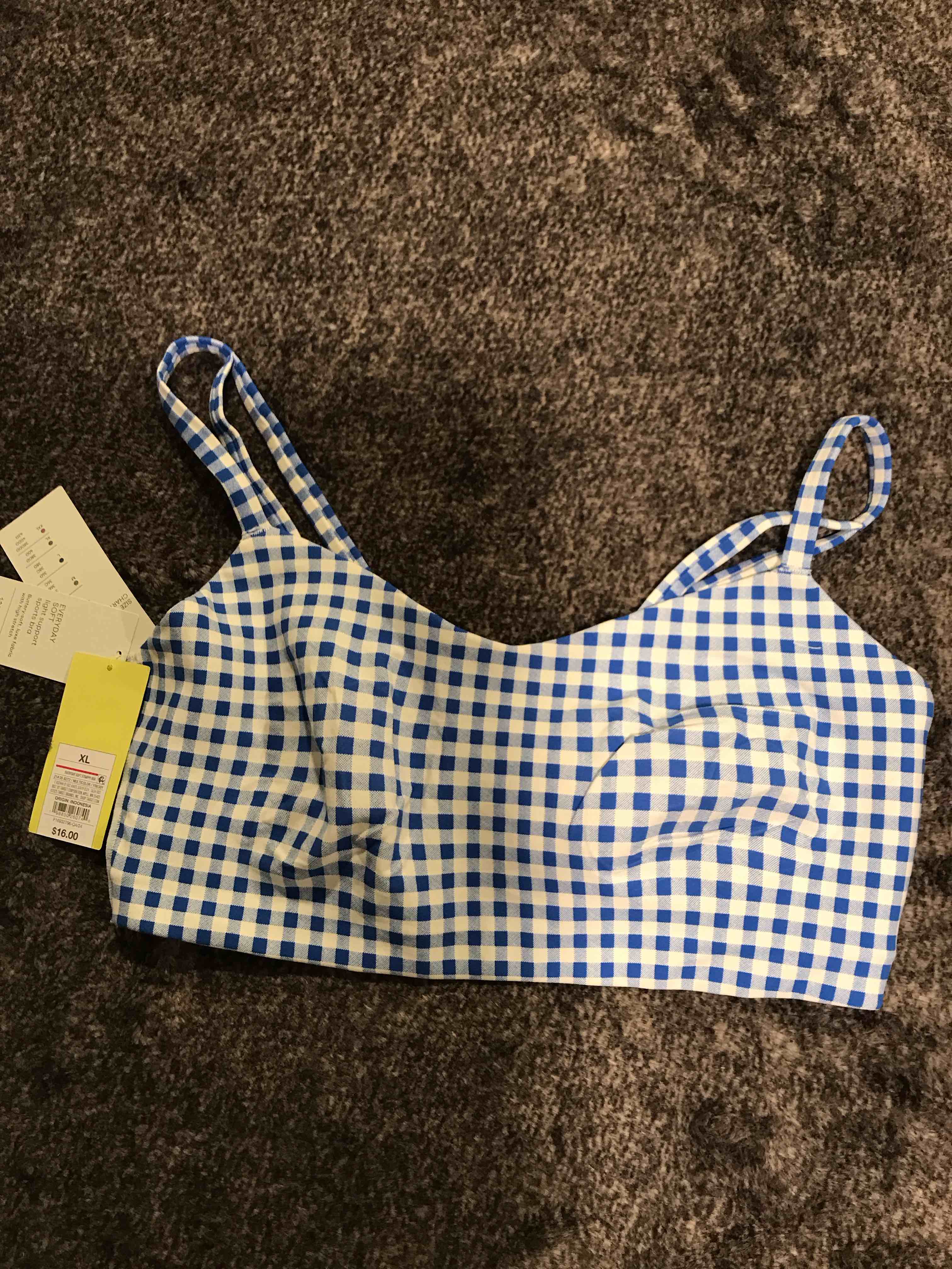 Condition photo showing New/Like New for Women's Everyday Soft Light Support Strappy Sports Bra - All In Motion™ Royal Blue Gingham XL