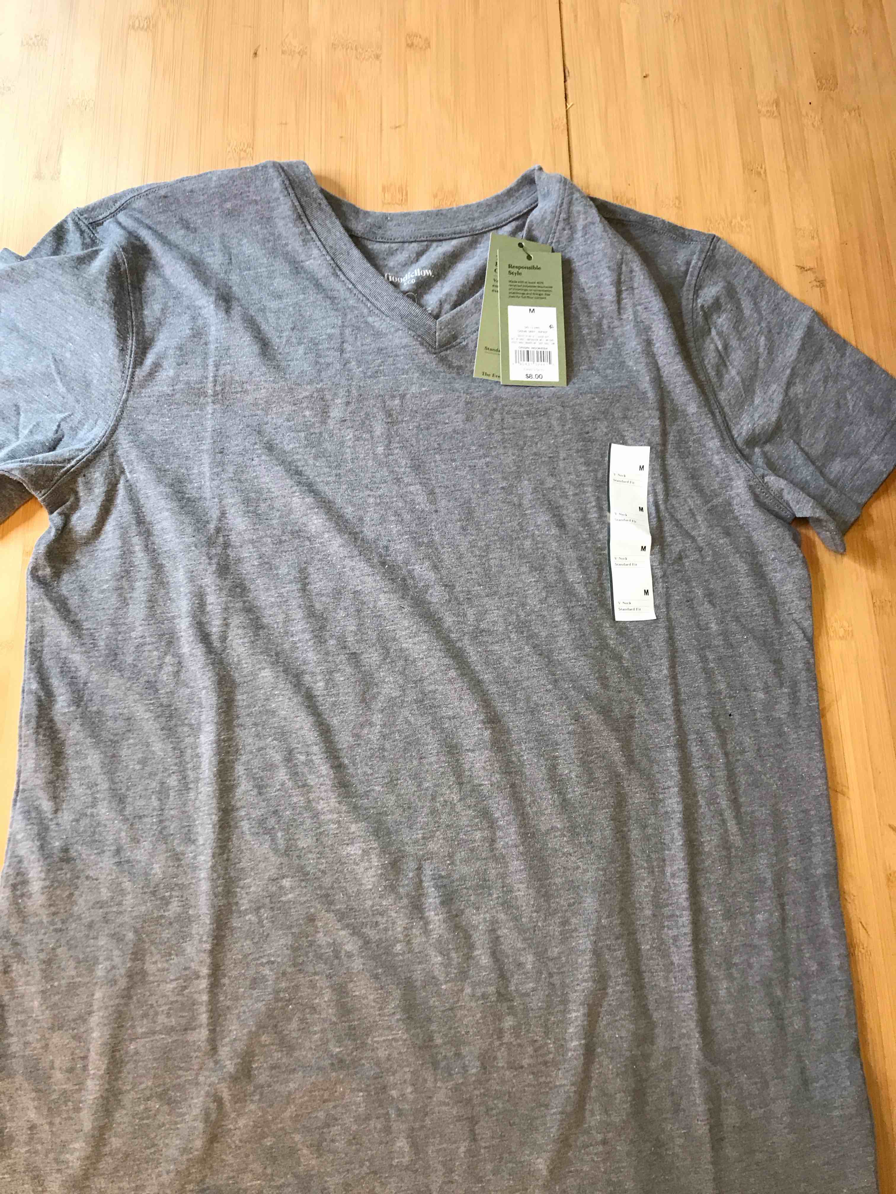 Condition photo showing New/Like New for Men's Every Wear Short Sleeve V-Neck T-Shirt - Goodfellow & Co™ Gray M: Cotton Blend, Midweight, Standard Fit, Pullover