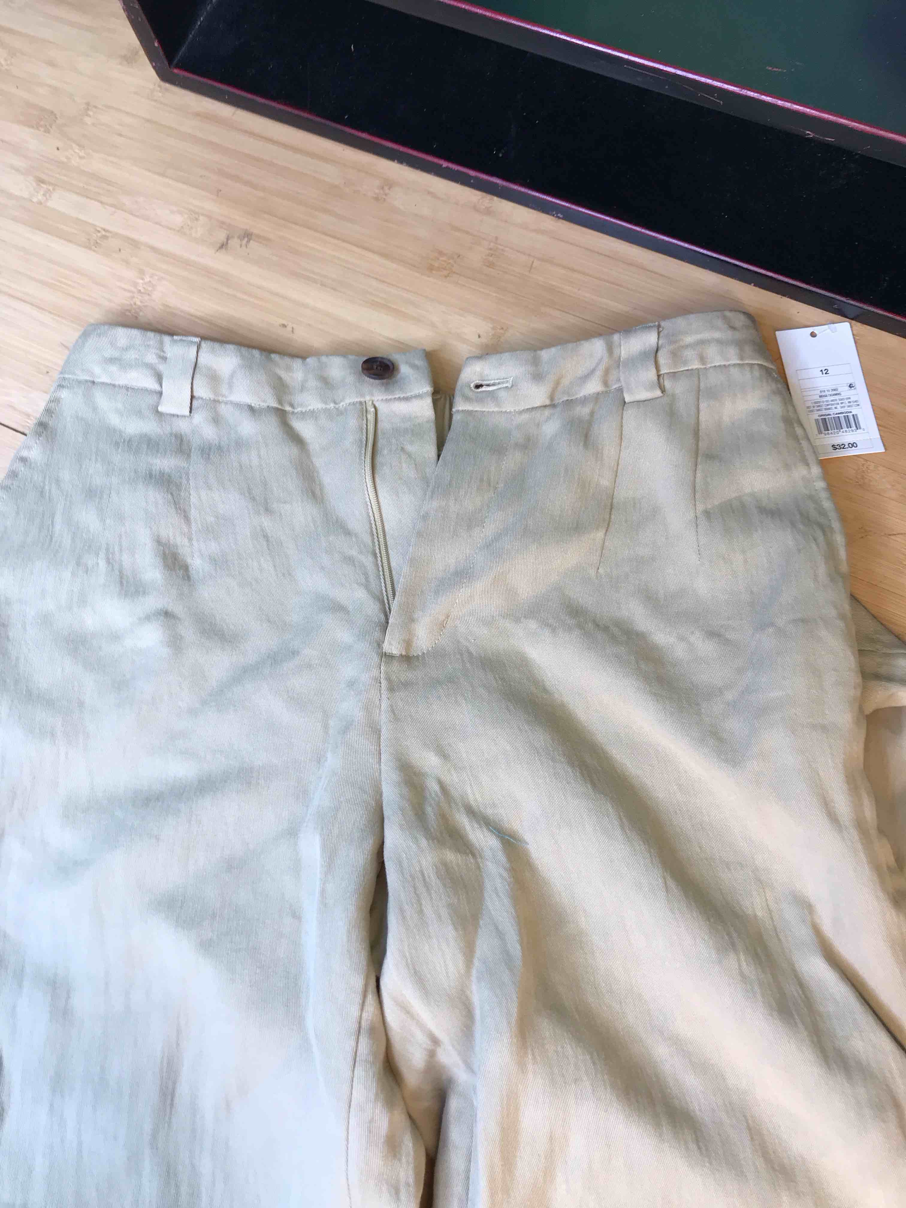 Condition photo showing New/Like New for Women's High-Rise Straight Trousers - A New Day™ Beige 12: Midweight Twill, Back Elastic, Fly Button Closure