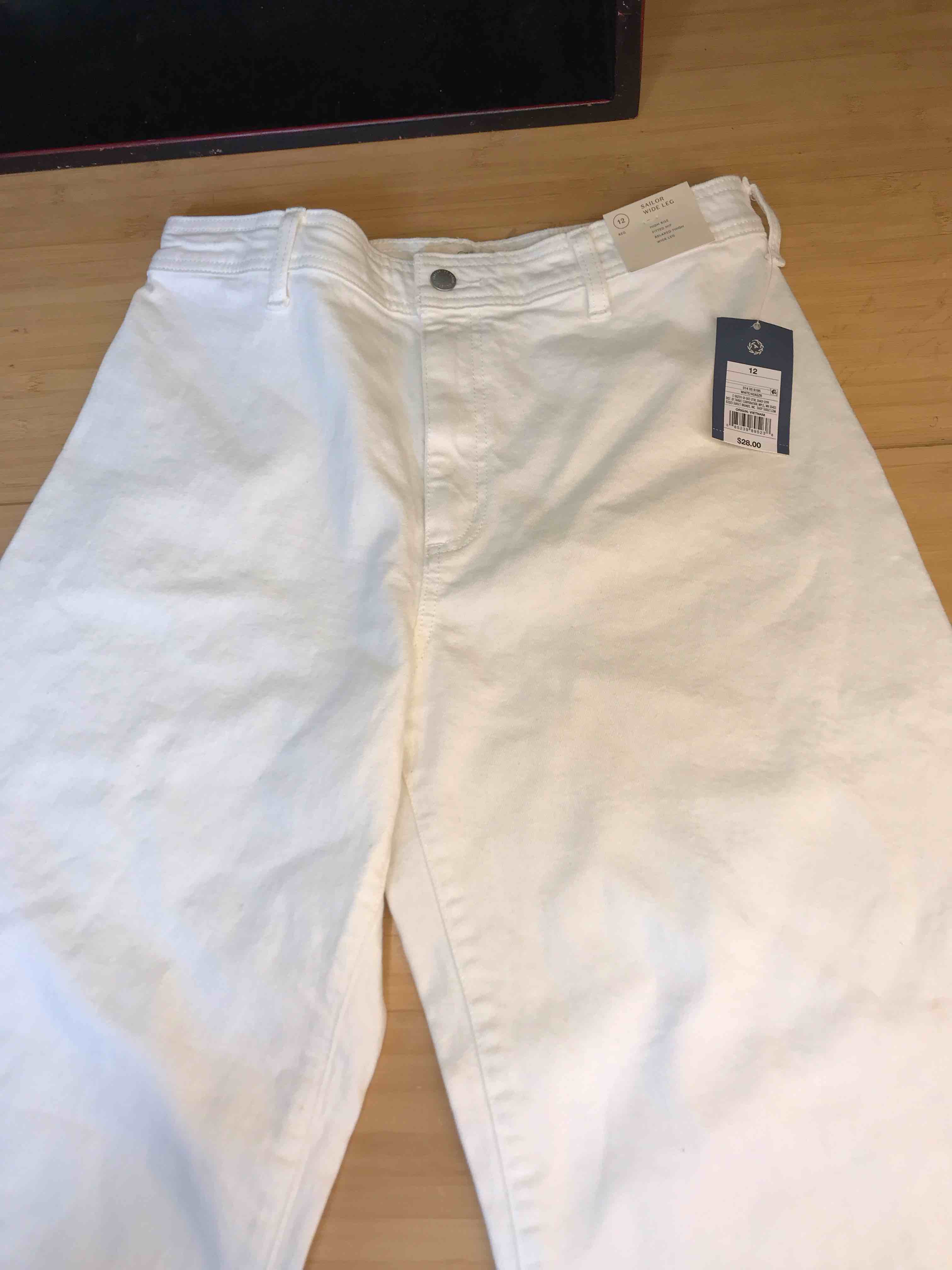 Condition photo showing New/Like New for Women's High-Rise Sailor Wide Leg Ankle Jeans - Universal Thread™ White 12: Cotton Denim, Relaxed Fit, Back Pocket, Belt Loops