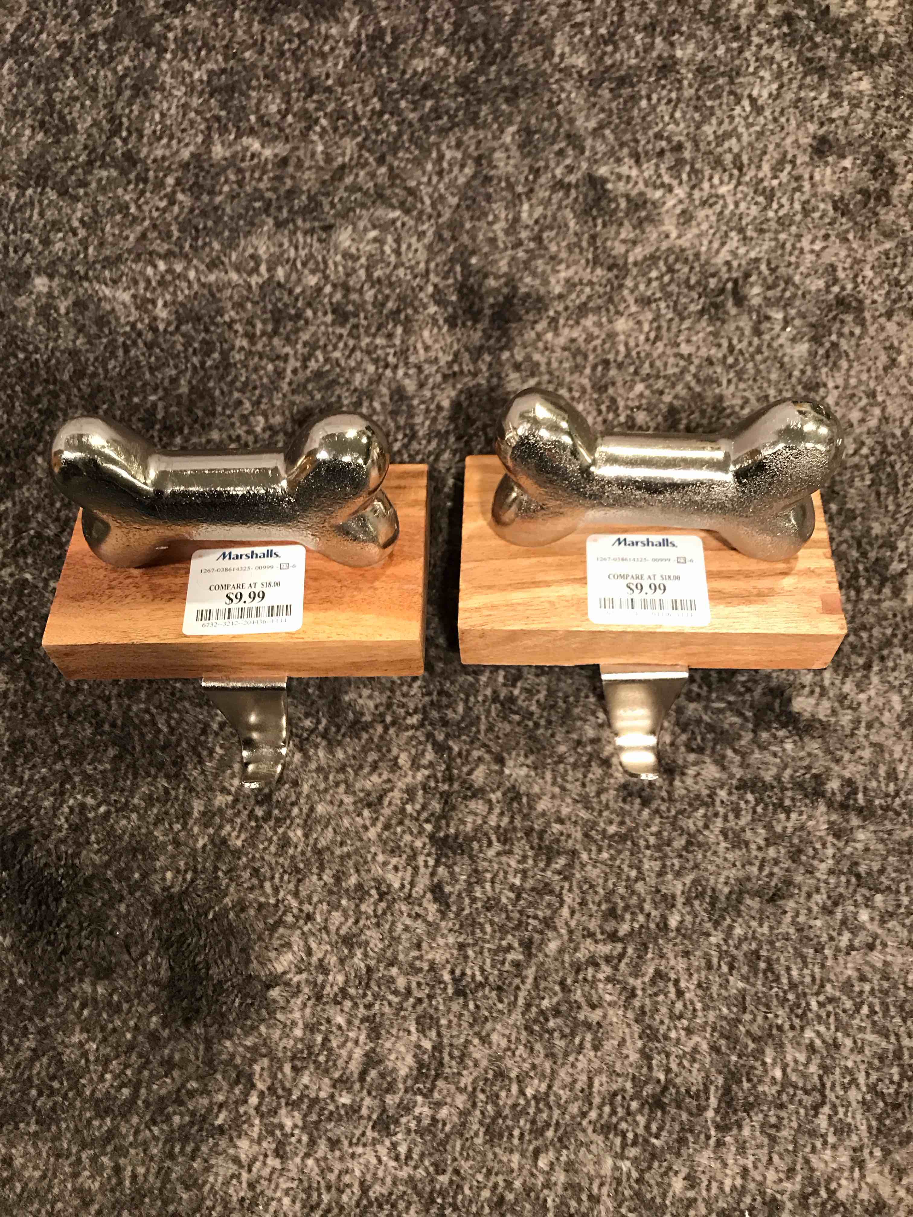 Condition photo showing New/Like New for Hicarer Set of 2 Dog Paw Christmas Stocking Holder for Mantle Dog Bone Metal Wooden Stocking Hanger for Fireplace Mantel Decorations Holiday Party
