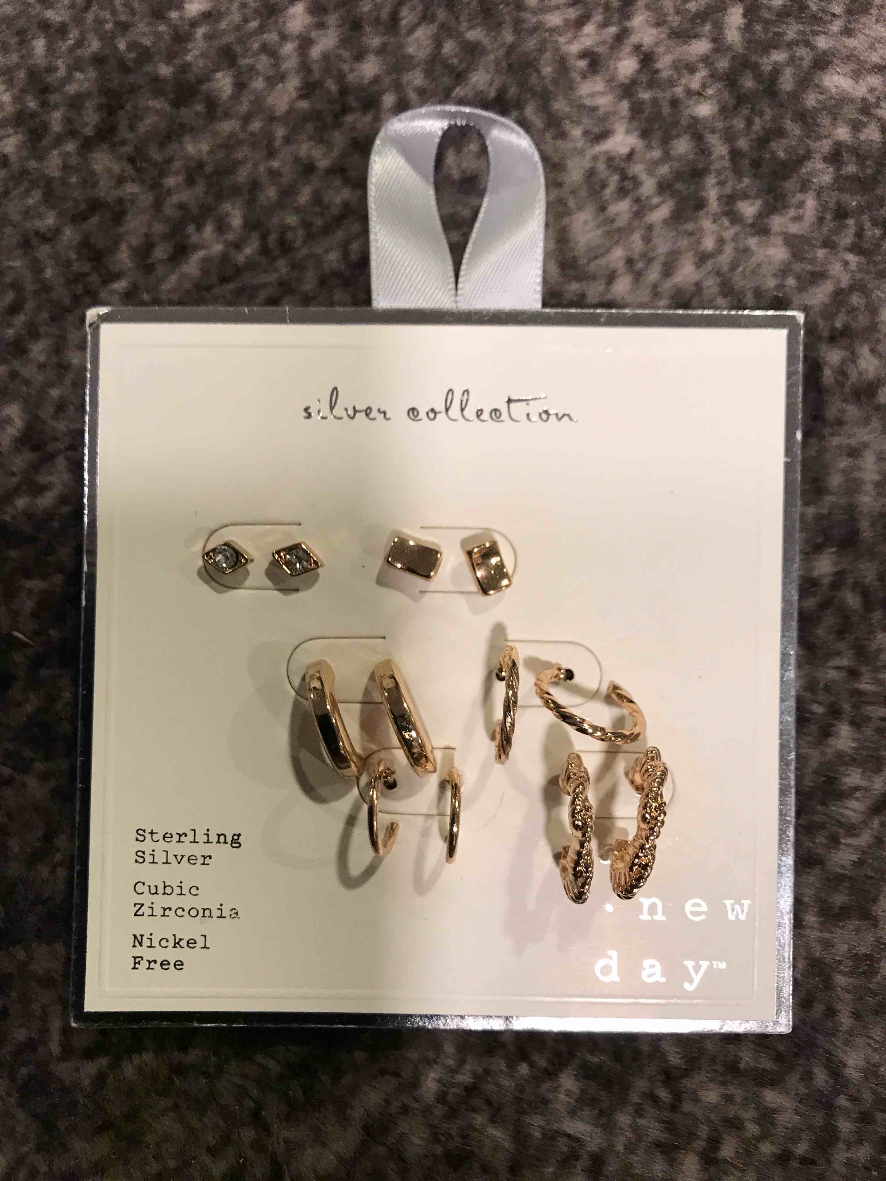 Condition photo showing New/Like New for Women's Sterling Silver Stud Earrings Set of 3 Post Round Cubic Zirconia 3pc - Silver/Clear: Nickel-Free, Polished Finish