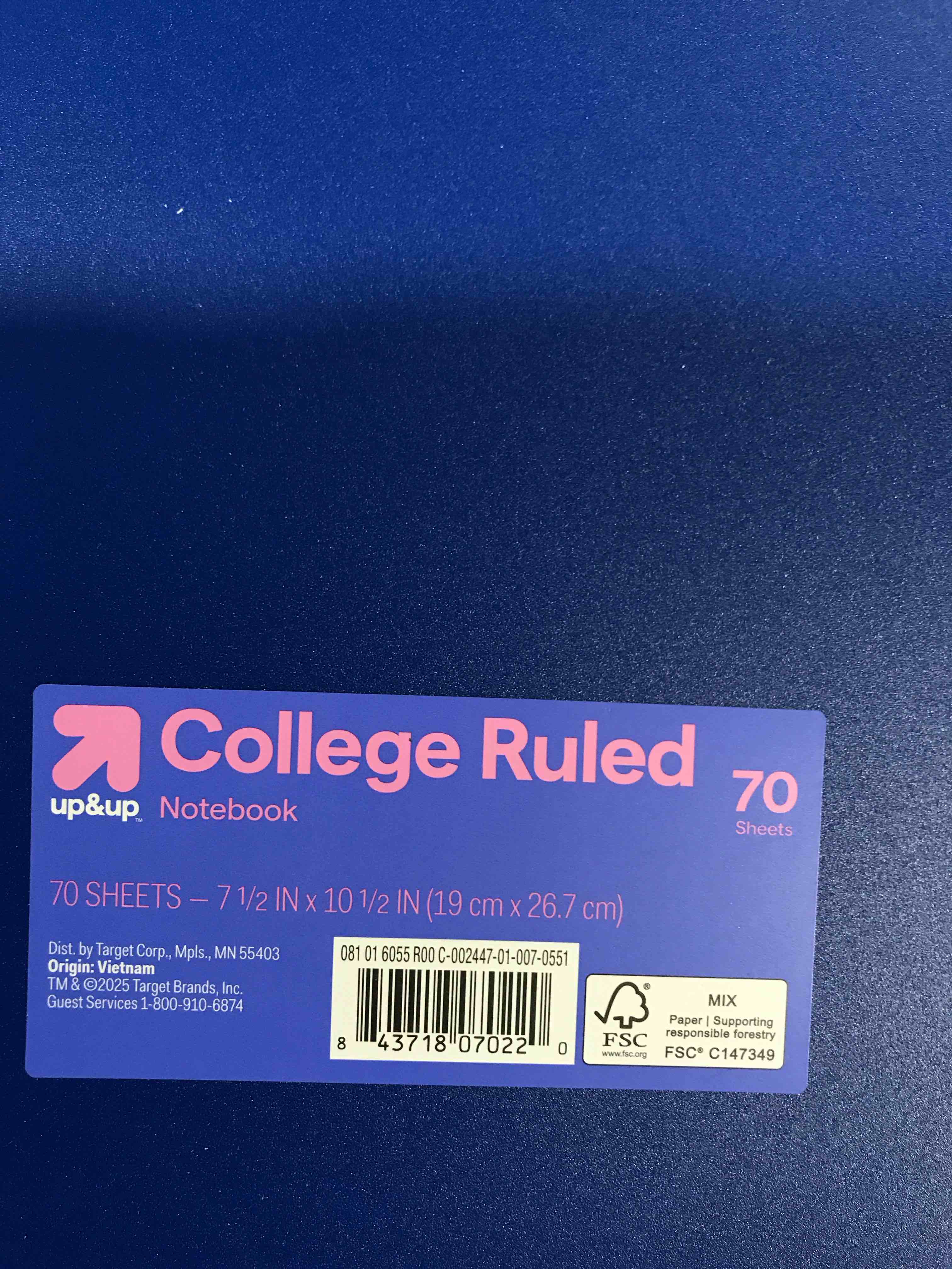 Condition photo showing New/Like New for College Ruled Blue 1 Subject Flexible Plastic Cover Spiral Notebook - up&up™
