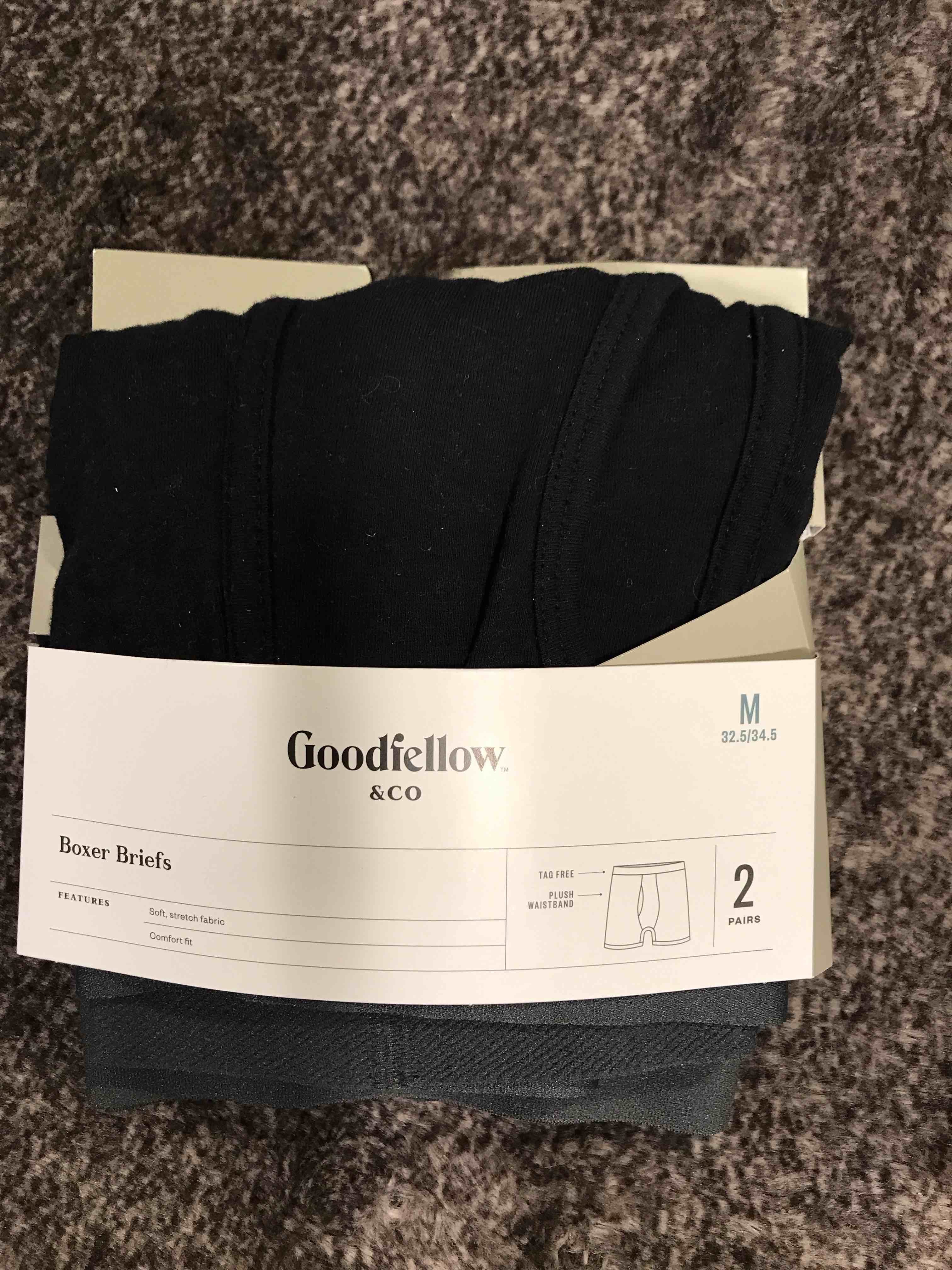 Condition photo showing New/Like New for Men's Boxer Briefs 2pk - Goodfellow & Co™ Black M: Cotton-Spandex Blend, Mid Rise, Pull-On Waist, Machine Washable