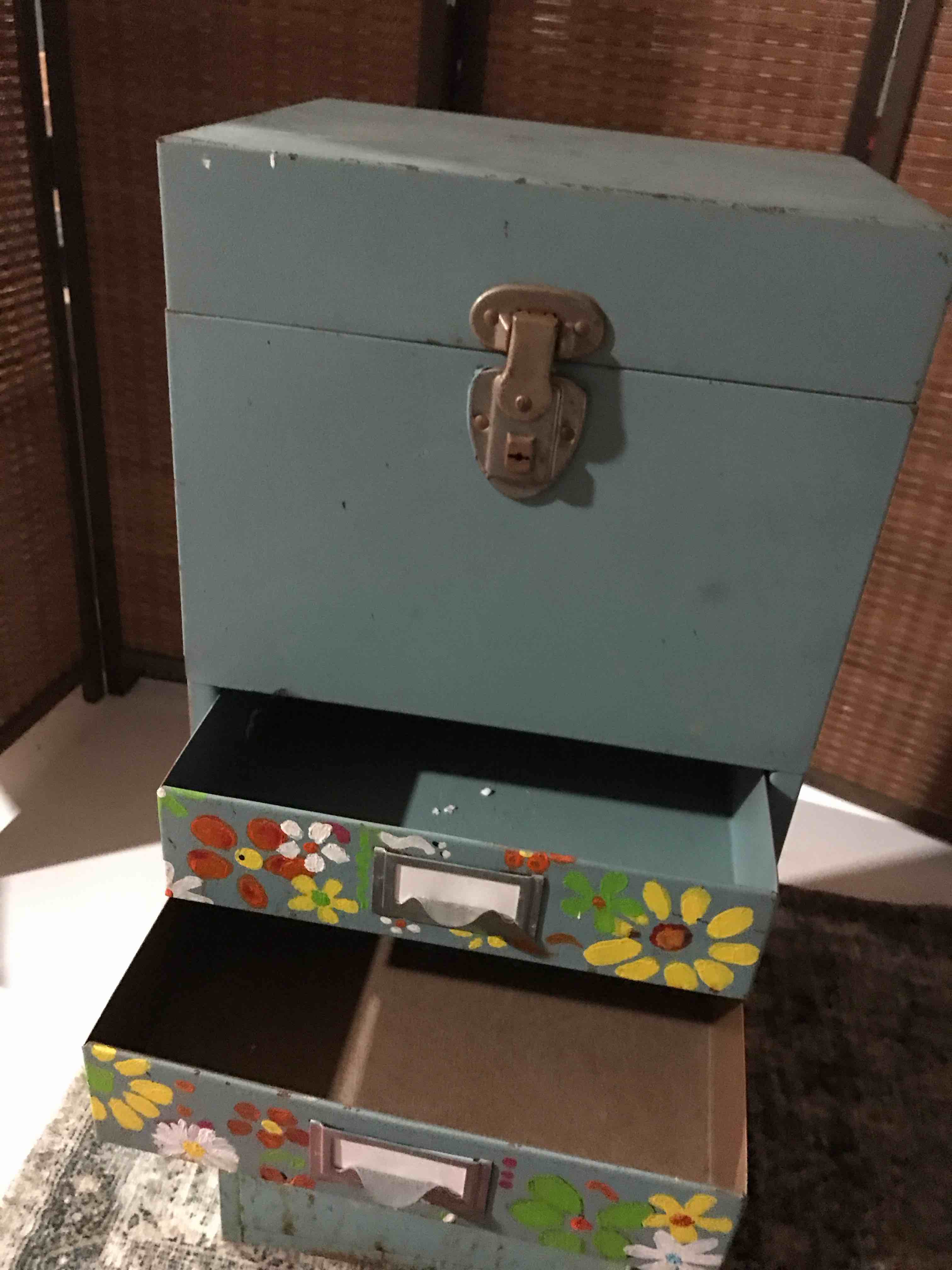 Condition photo showing As Is for Vintage Metal Storage Cabinet. Super Cute. Needs some TLC