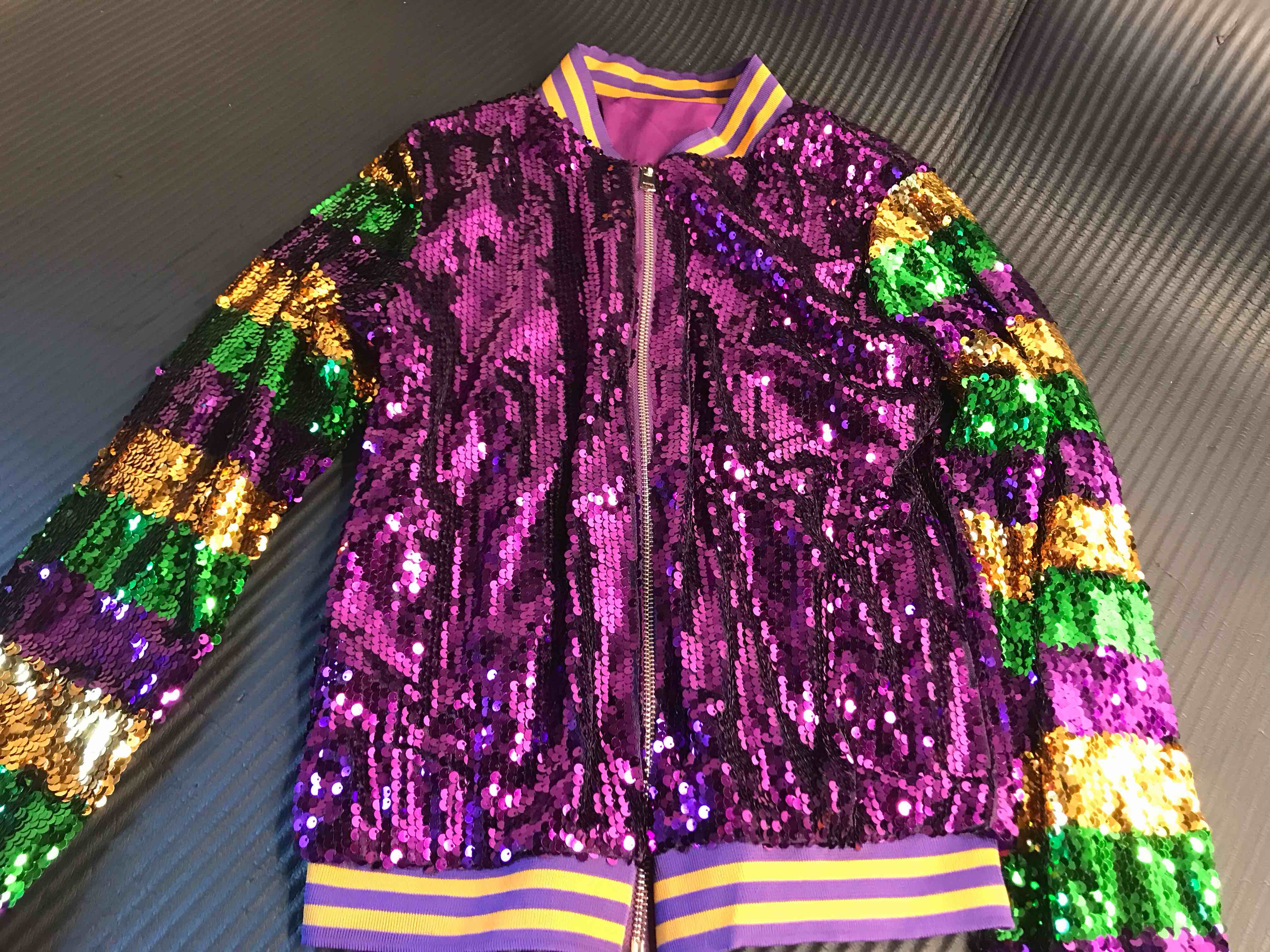 Condition photo showing New/Like New for Mardi Gras Sequin Jacket for Women & Kids, Mardi Gras Outfit XS
