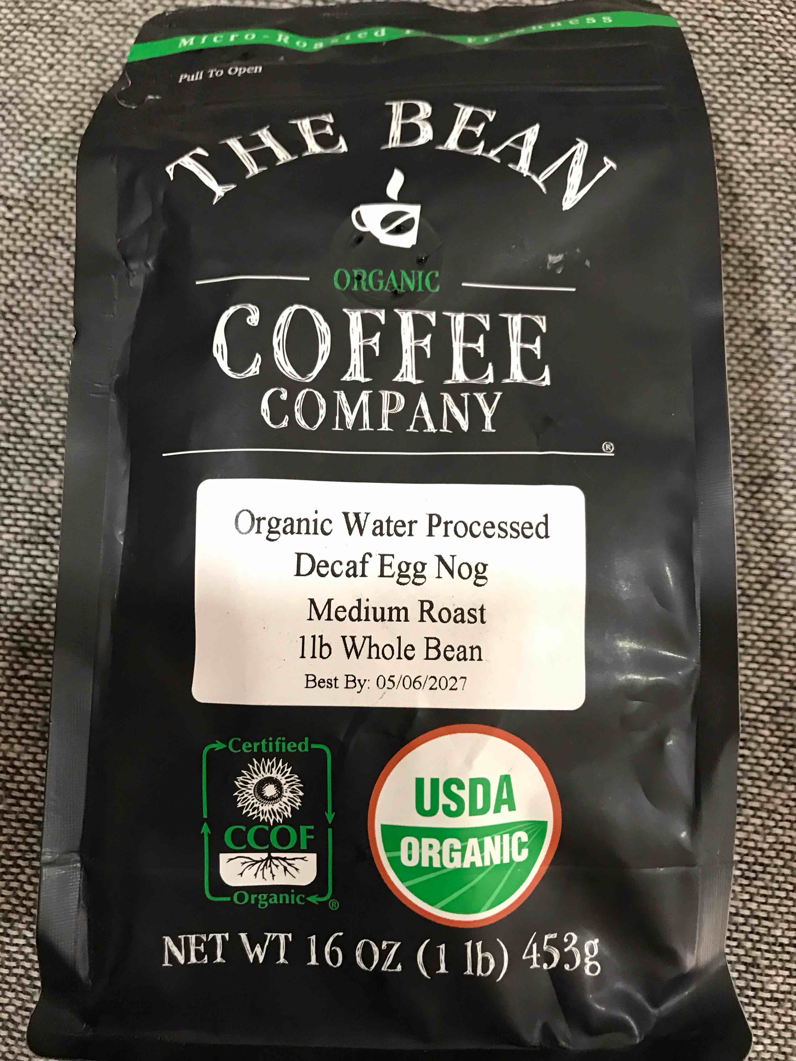 Condition photo showing New/Like New for The Bean Organic Coffee Company Organic Water Processed Decaf Egg Nog Medium Roast 1LB Whole Bean