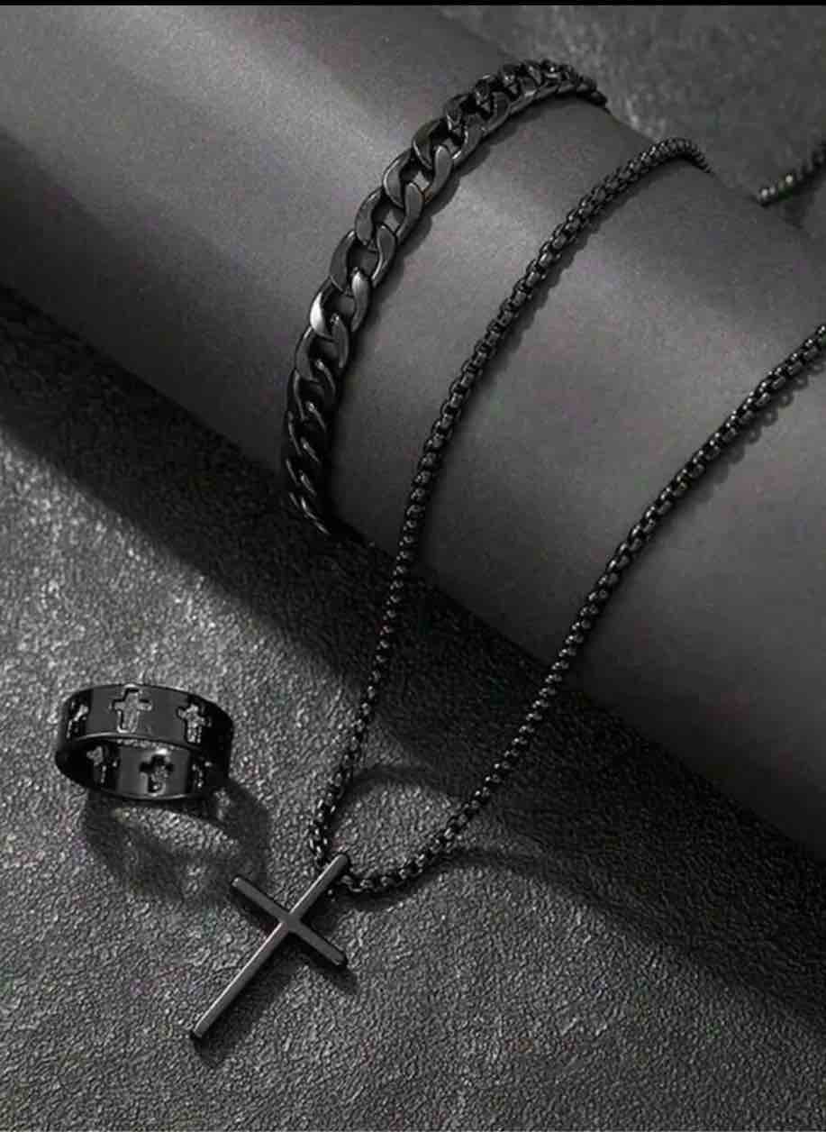  Men's Gun Black Tungsten Stainless Steel Ring and Necklace 