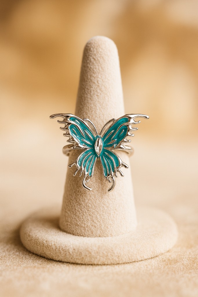 Elegant 925 silver plated turquoise butterfly adjustable ring 