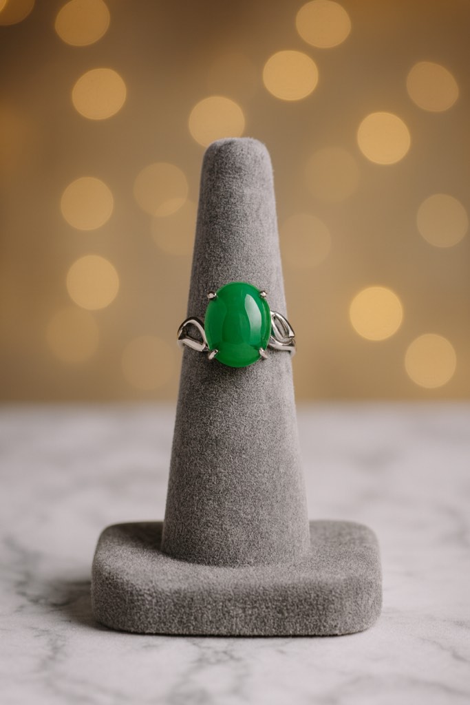 Beautiful 925 silver plated featuring a green oval stone size 6 