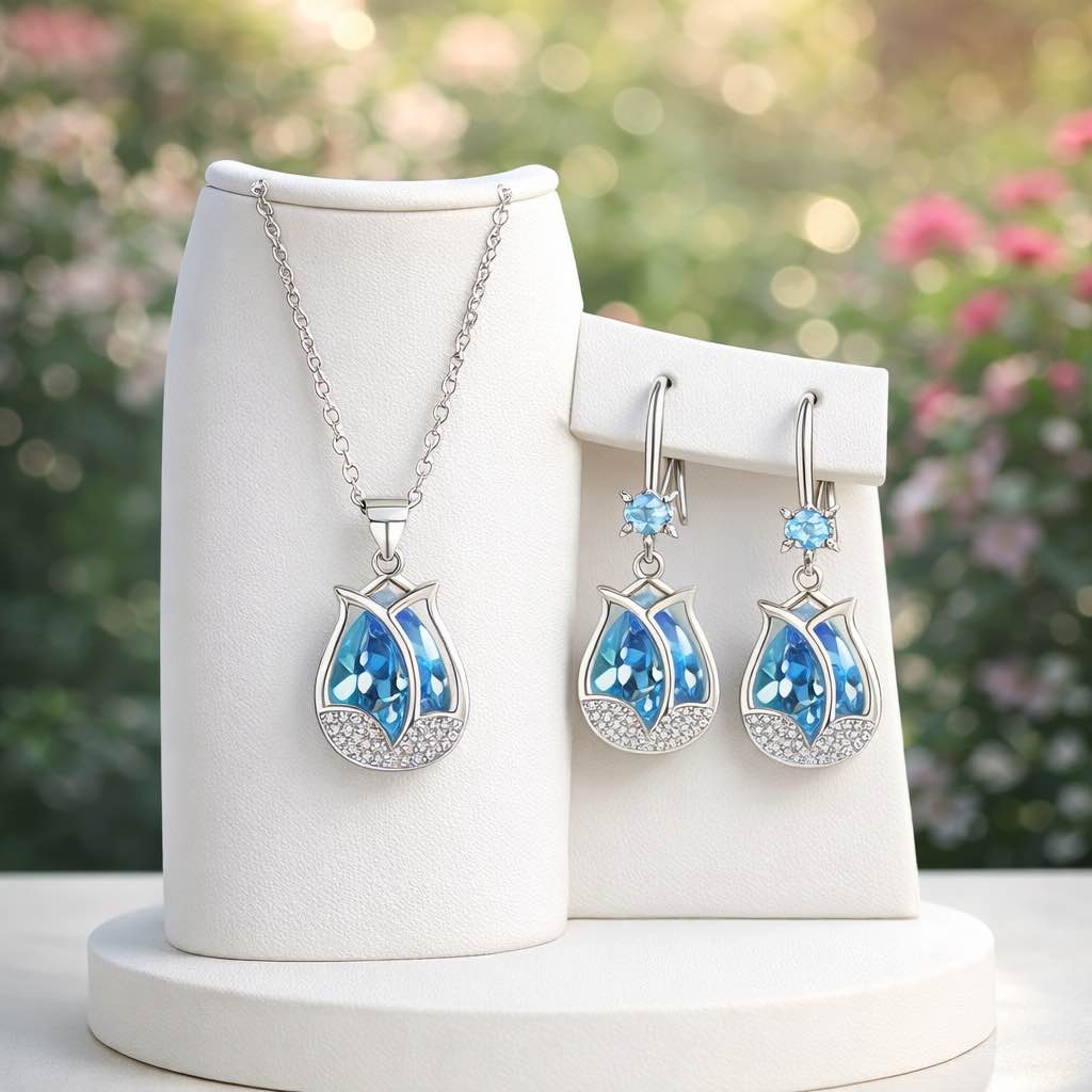 Beautiful 925 Silver Plated Sapphire Earrings And Necklace Set 