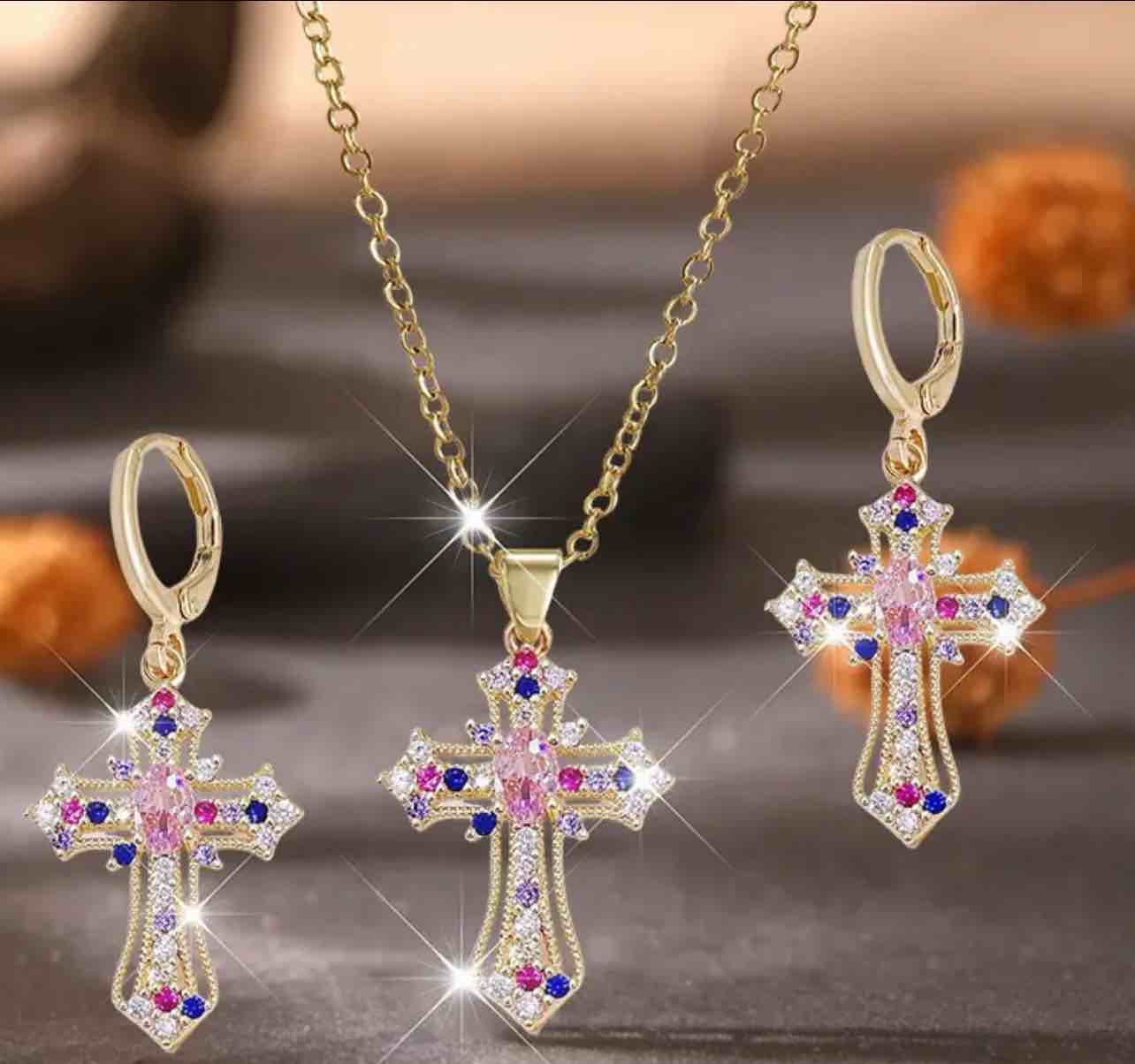 Gorgeous 18K Gold Plated Cross Necklace And Earrings Set