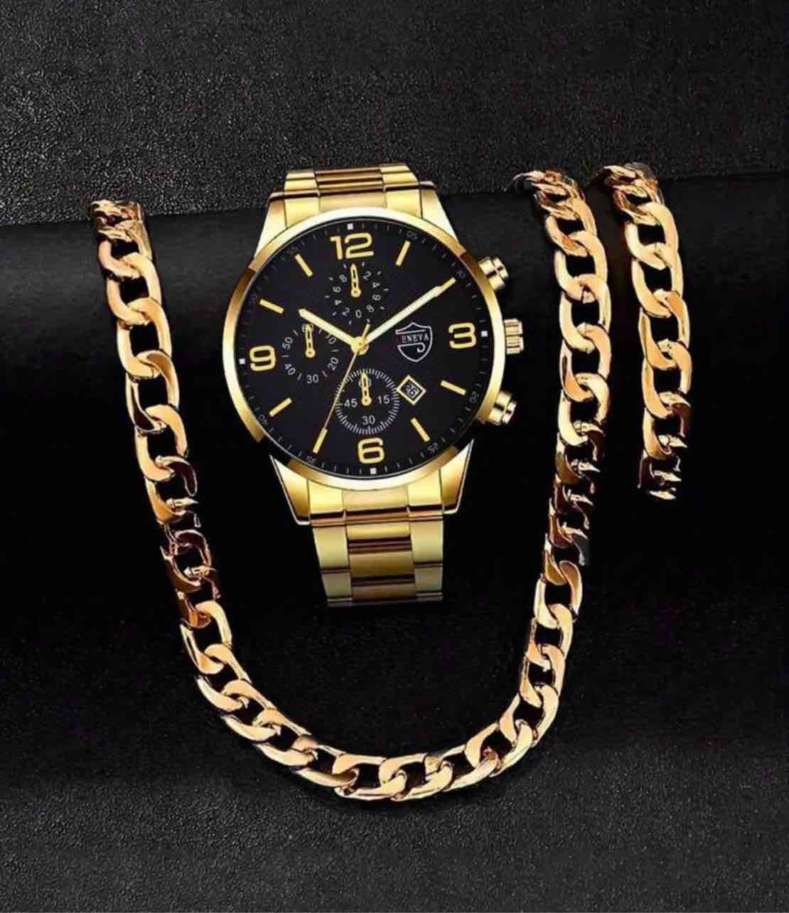 men’s 18k gold plated watch, bracelet and necklace set