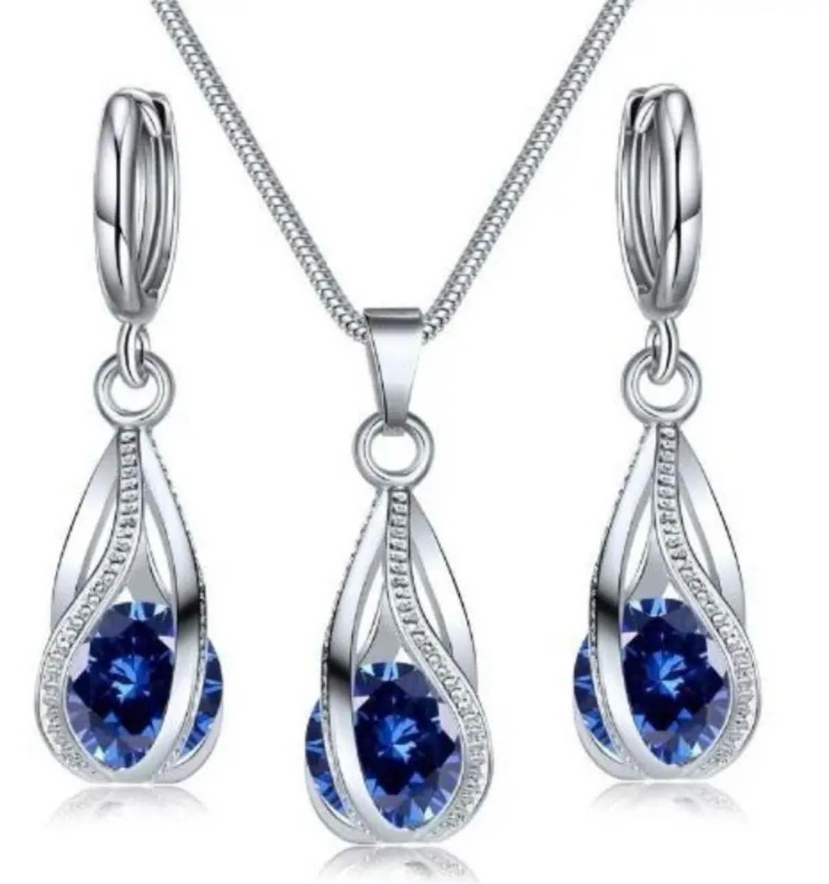 beautiful 925 silver plated blue sapphire necklace and earrings set