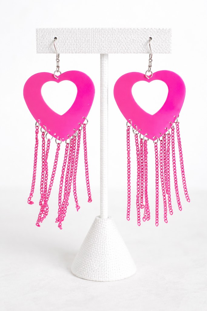 Condition photo showing New/Like New for Bold and Beautiful hot-pink heart earrings with cascading chain fringe 