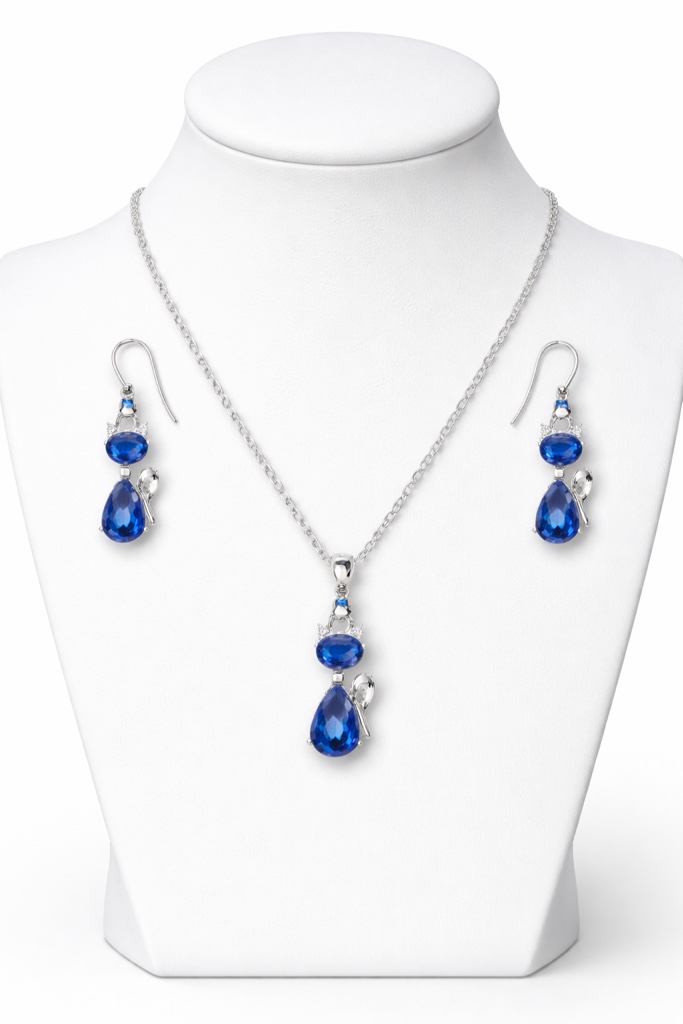 Condition photo showing New/Like New for Elegant 925 silver plated  jewelry set featuring a matching necklace and drop earrings 