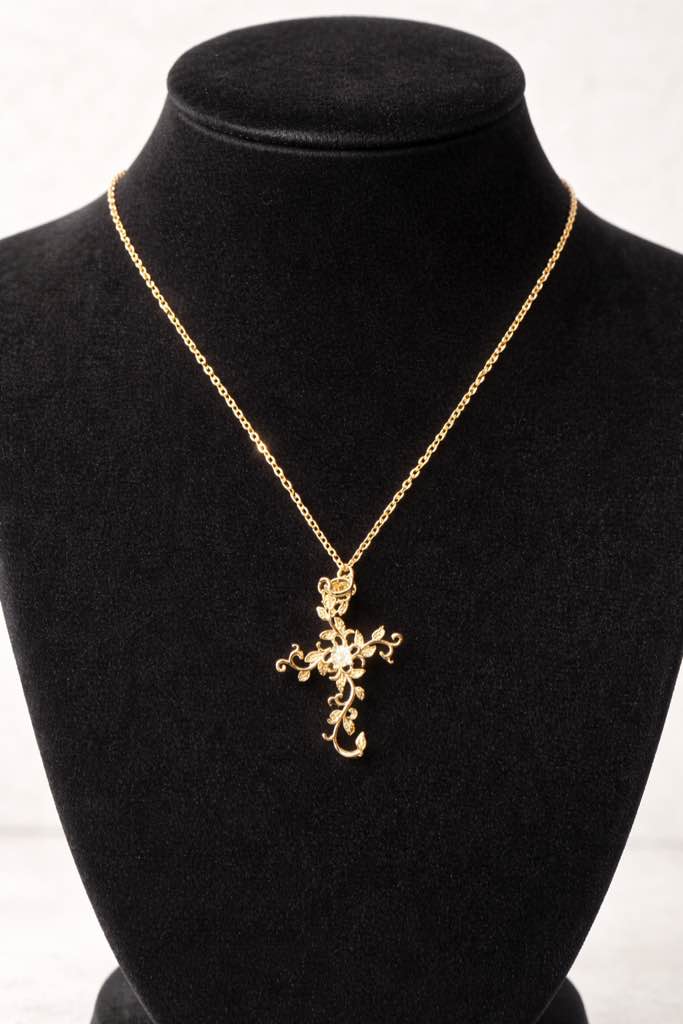Condition photo showing New/Like New for Elegant 18k gold plated necklace featuring a delicate filigree cross 