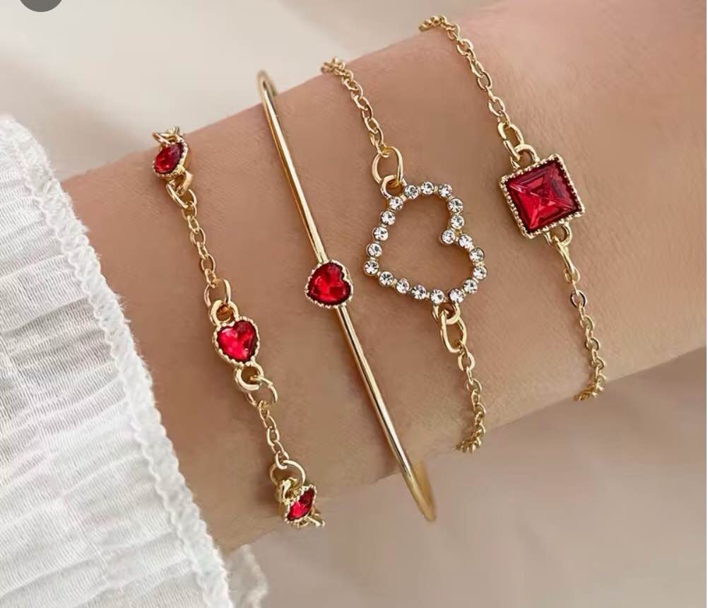 4pcs Alloy Chain Rhinestone Bracelet Set, Minimalist Heart-Shaped Square Retro Elegant Versatile Bracelets