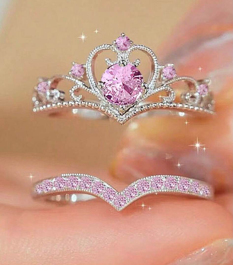2pcs Set Elegant Luxury Crown Cubic Zirconia Rings, Fashion Copper Plated Jewelry, Perfect Valentine's Day Gift For Her