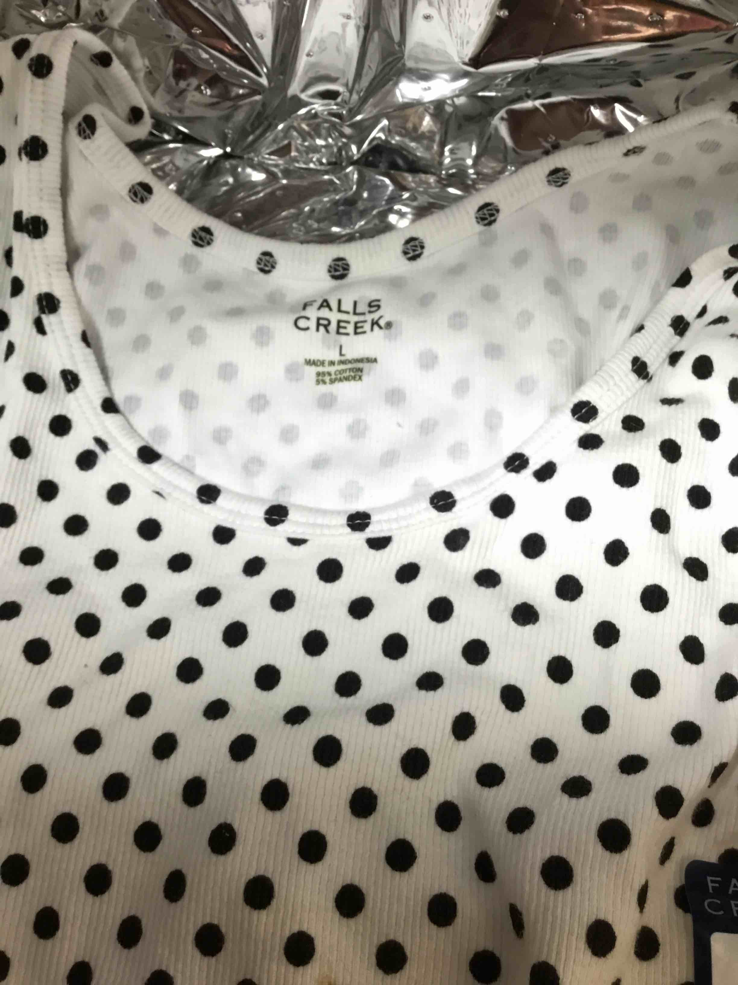 Falls Creek women's ribbed tank top in a white and black polka dot pattern