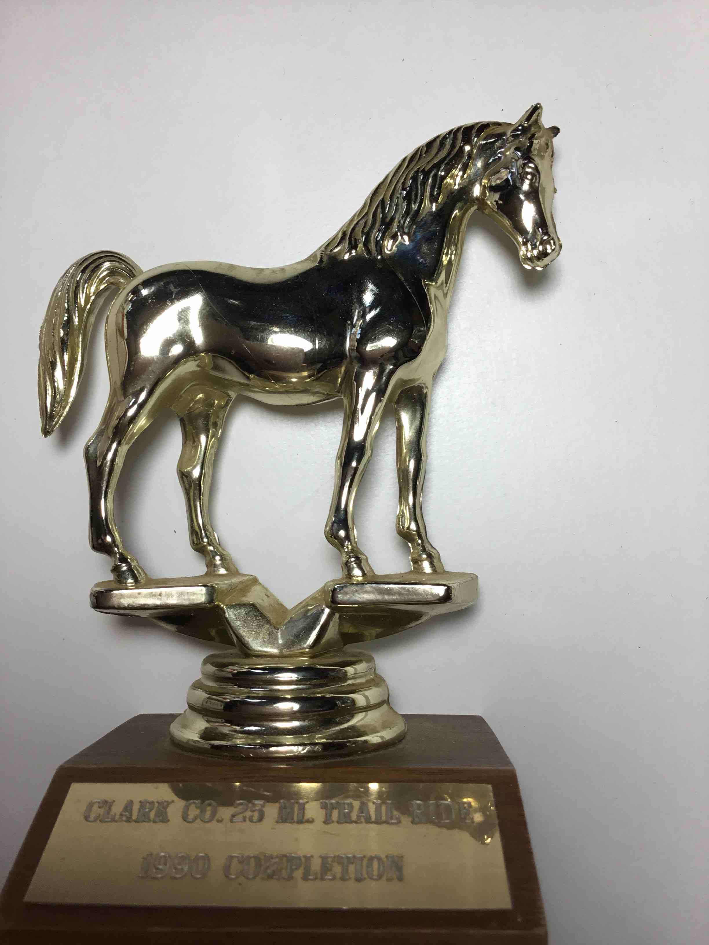 Trophy featuring a gold-toned horse figurine on a wooden base. The plaque on the base reads "CLARK CO. 25 MILE TRAIL RIDE 1990 COMPETITION."