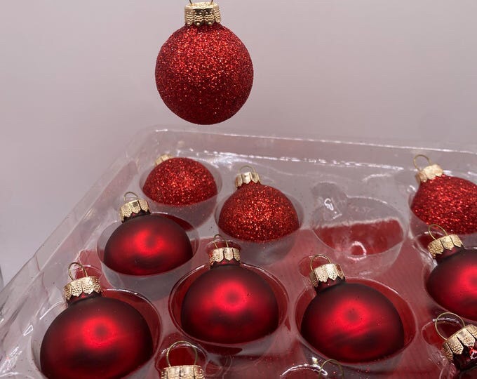 Set of 18 Miniature Red Satin Gloss and Glitter Glass Balls with Original Box