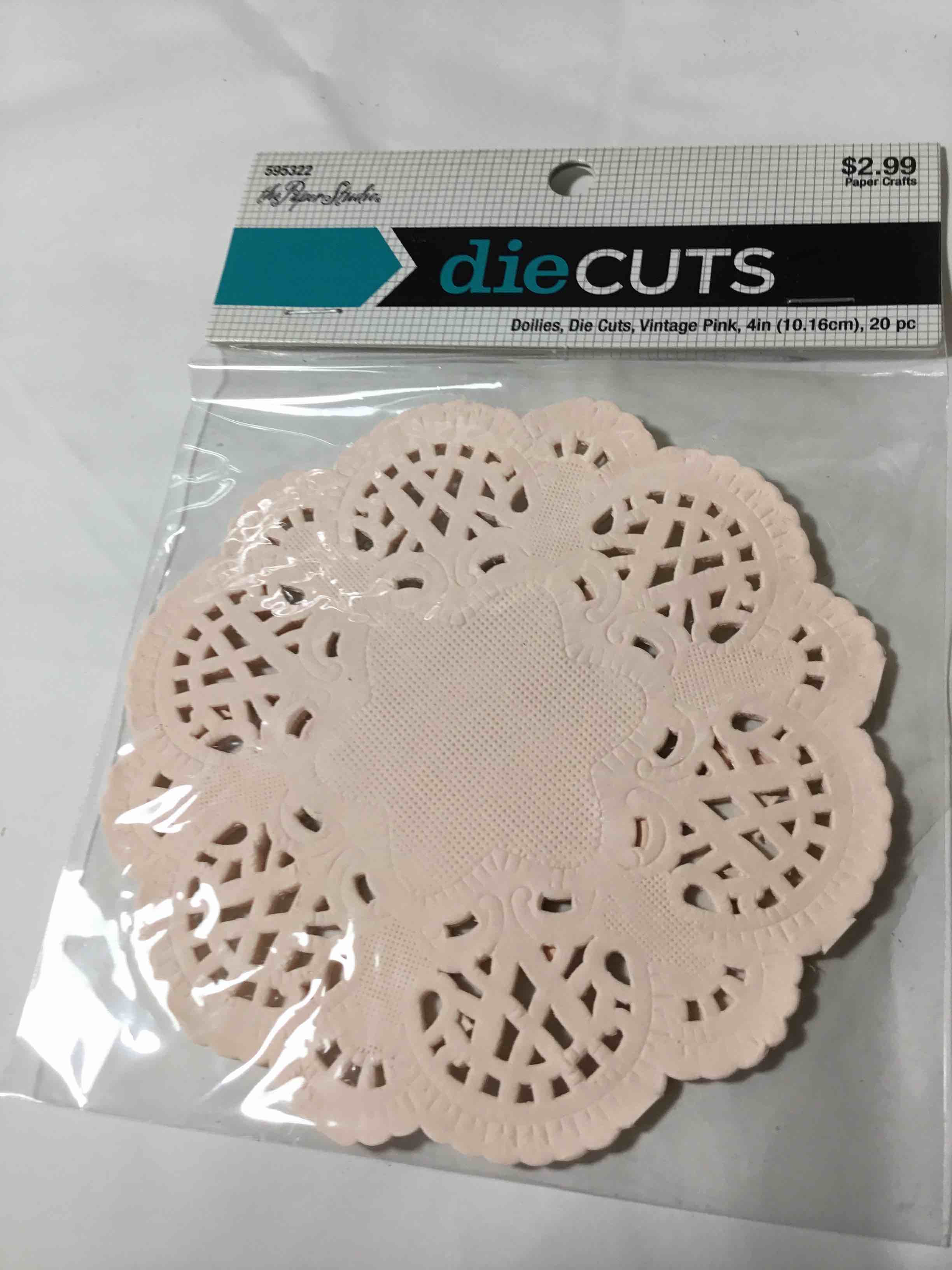 Product name is "dieCUTS", described as "Doilies, Die Cuts, Vintage Pink"