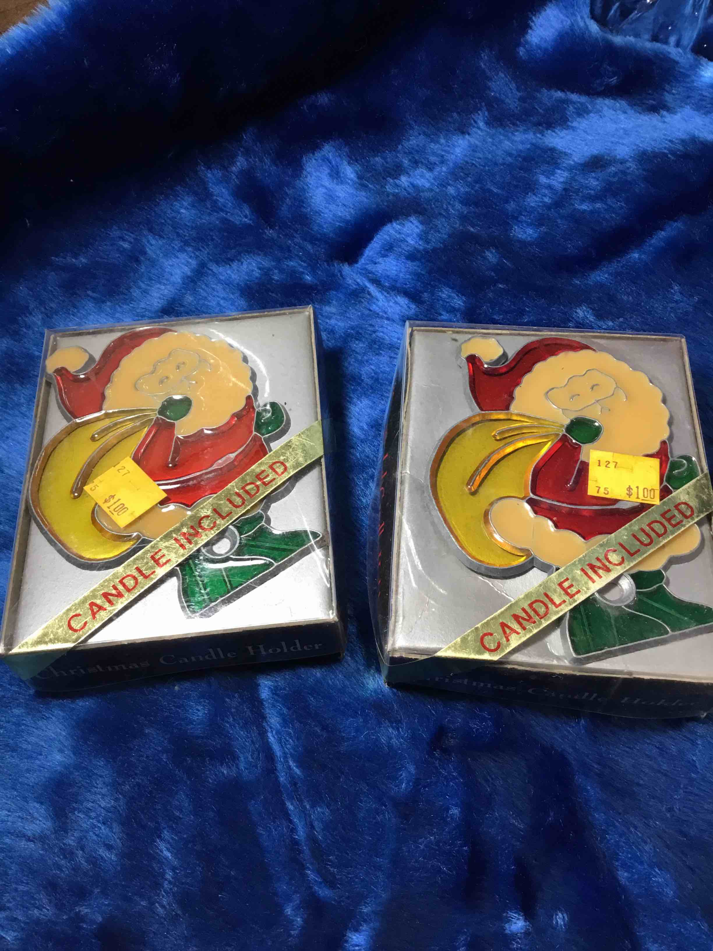 Vintage Tiffany Styled Stain Glass Santa Glo Candle holder 