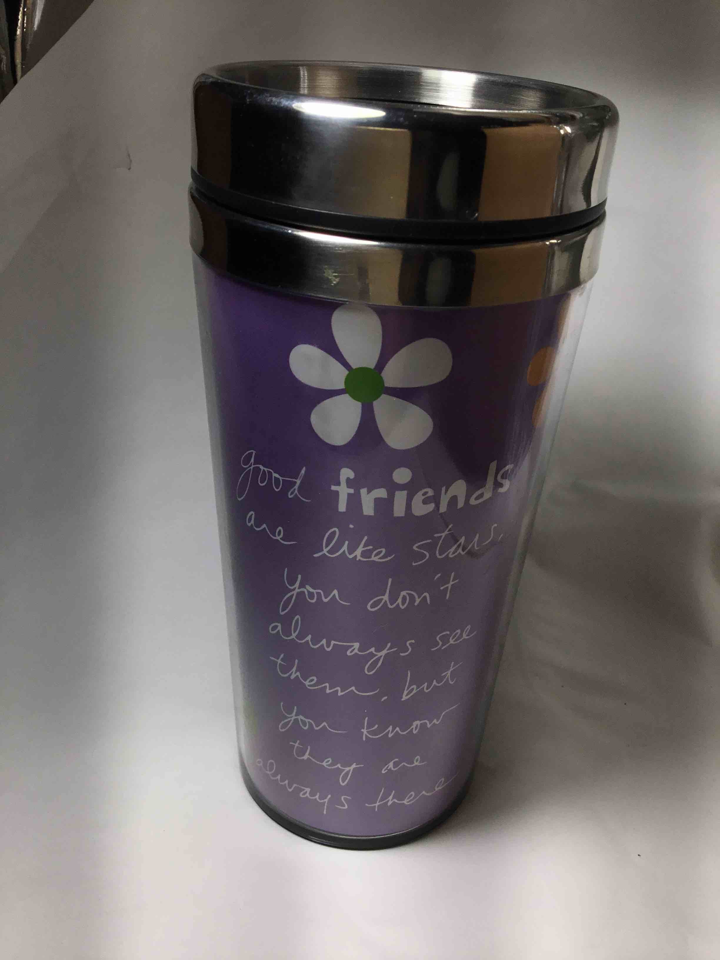Metal insulated, drink cup purple with flowers , and a friendship statement