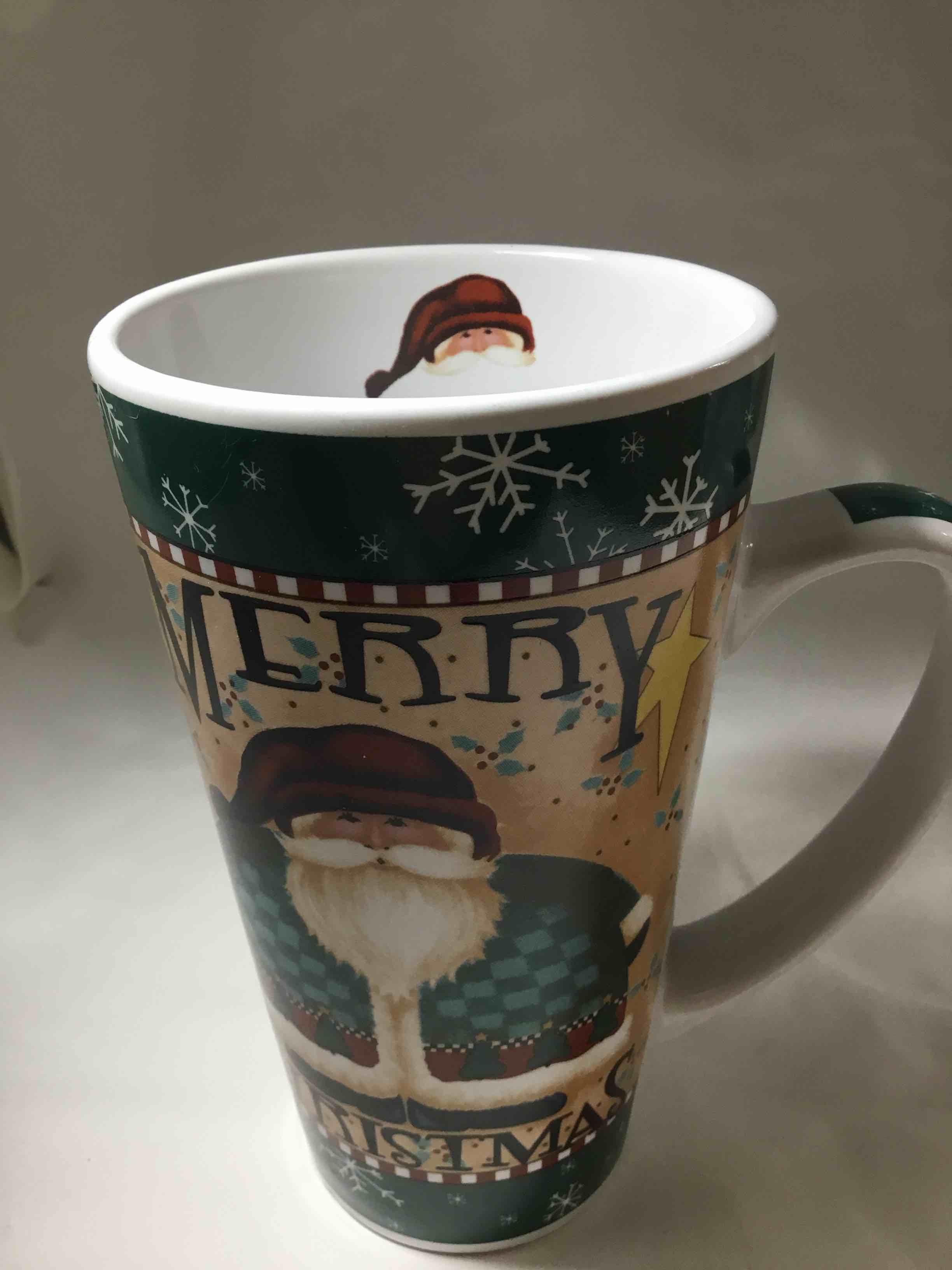 Santa Claus Merry Christmas Snowflakes & Stars Heavy Ceramic Stonewear Tall Mug