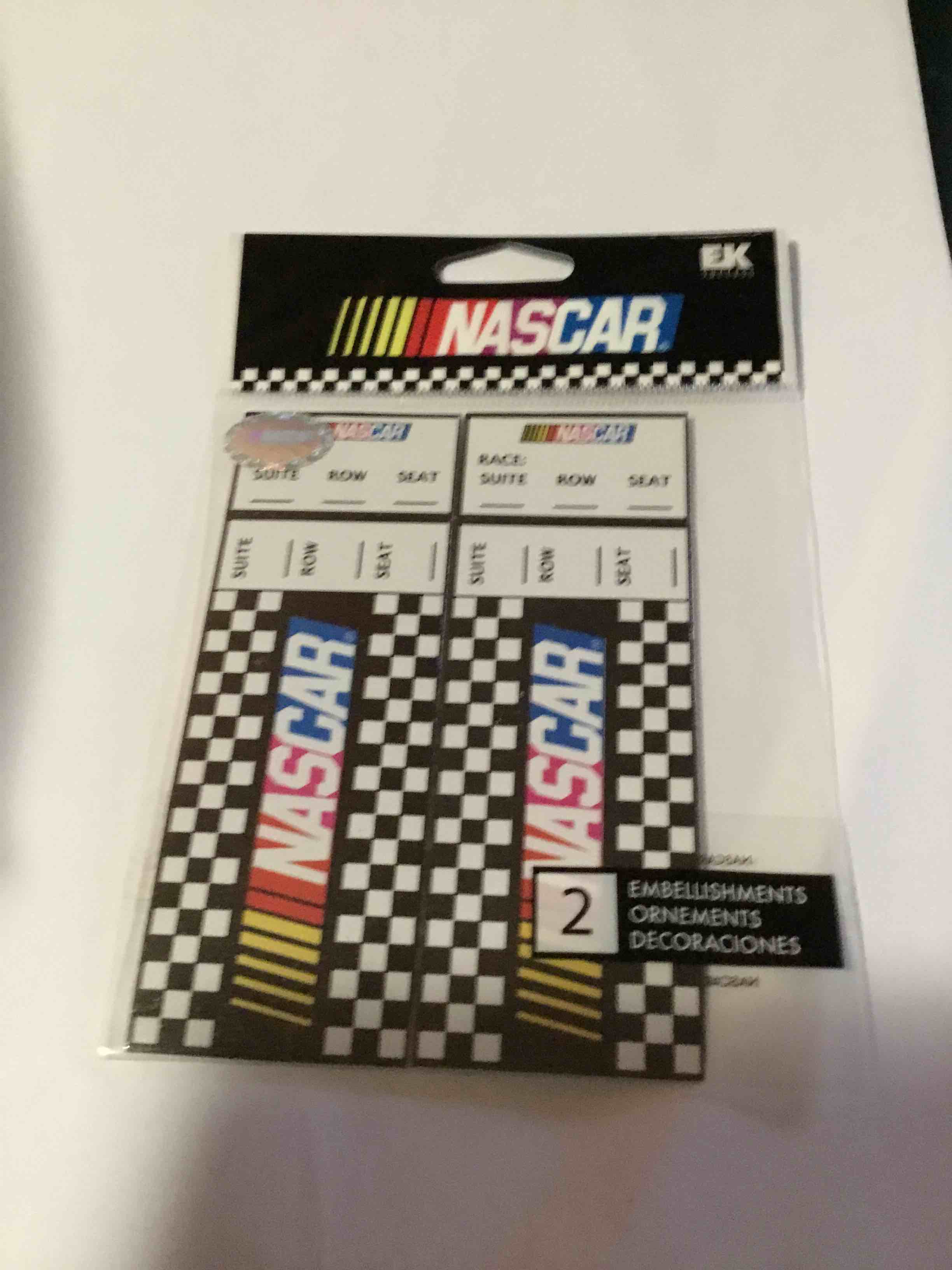 EK Success NASCAR "The Race Is On!" ticket-shaped embellishments