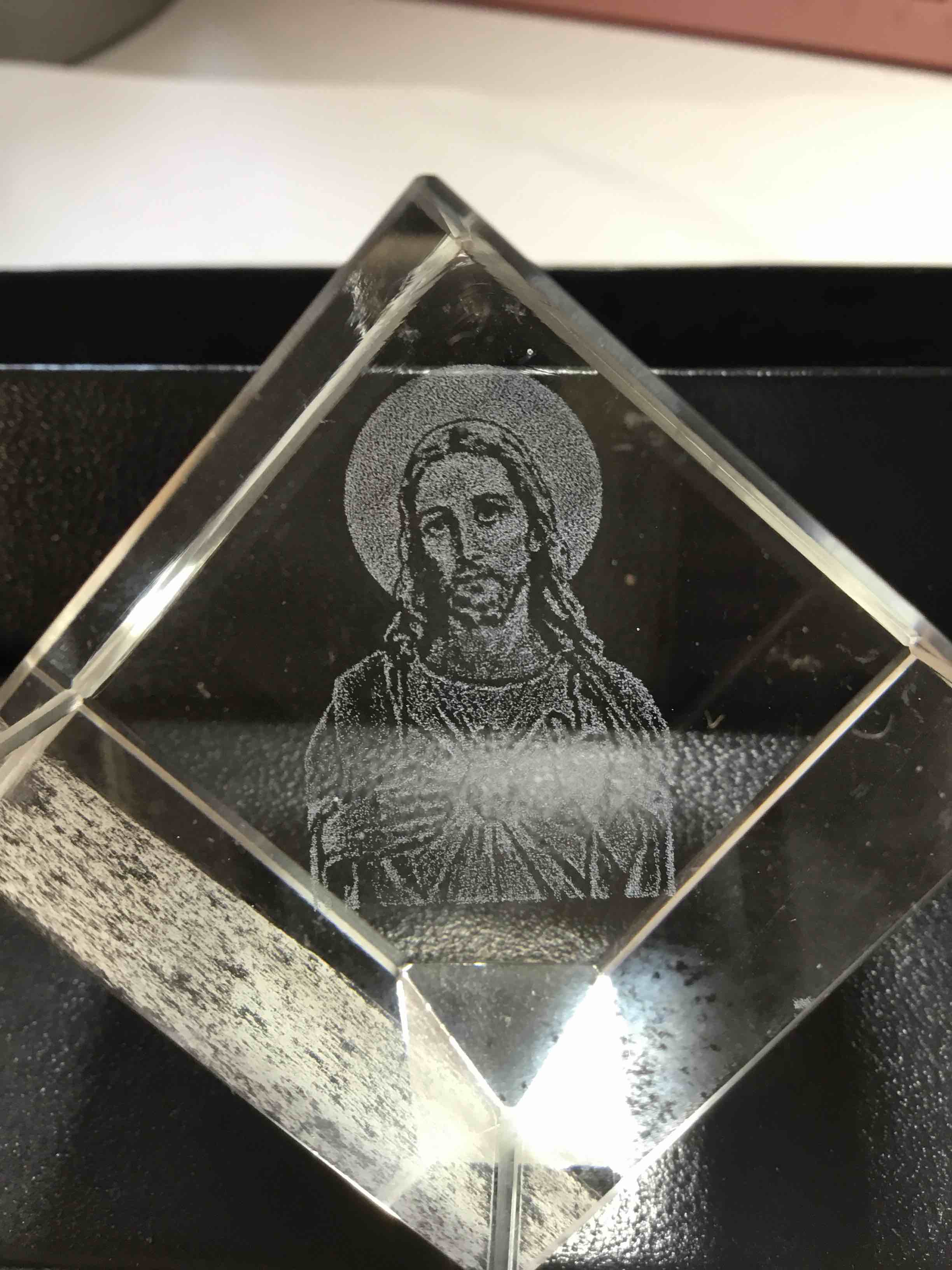 3D laser-etched crystal paperweight featuring an image of Jesus Christ