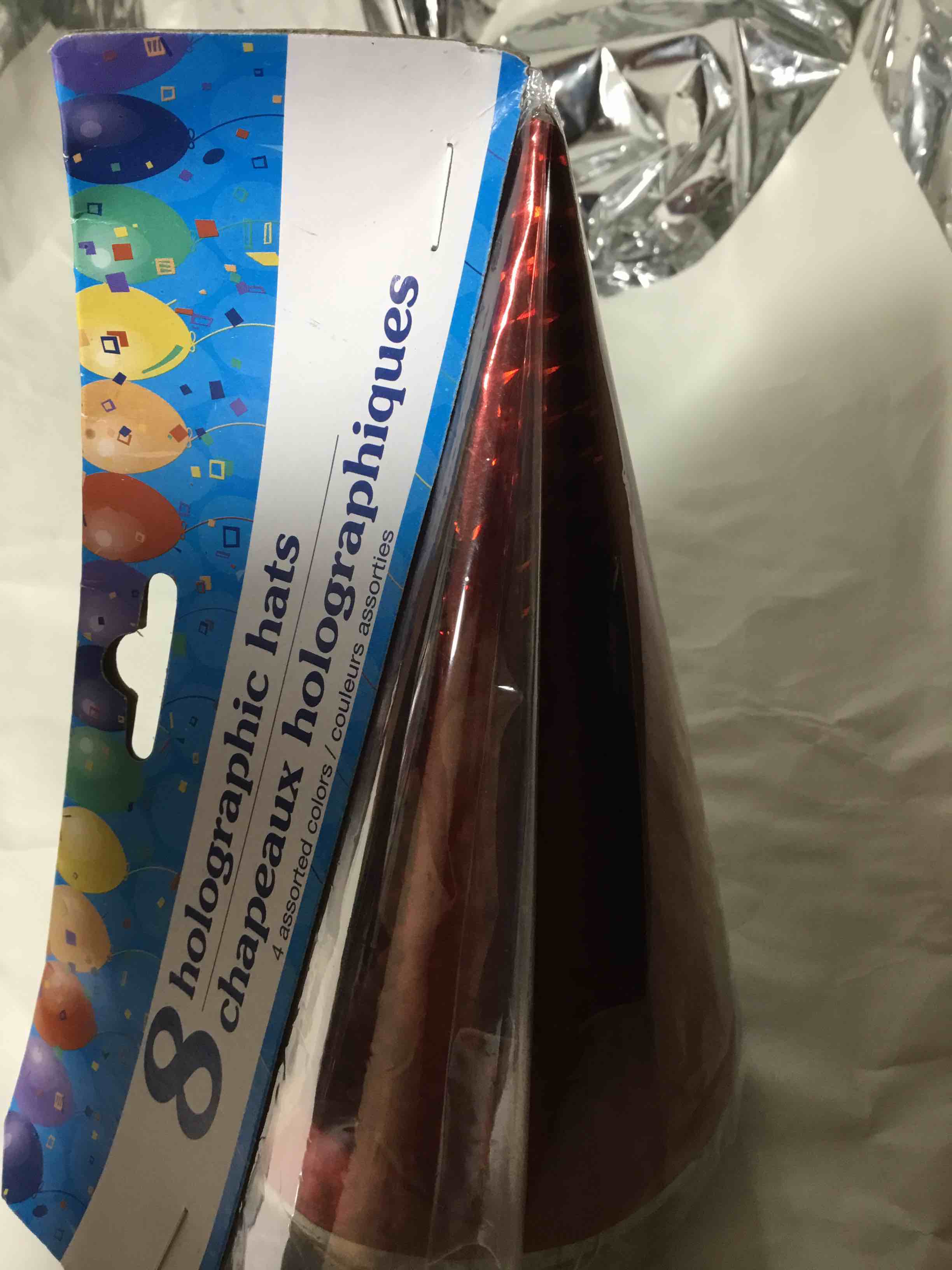 Condition photo showing Brand New for 8 Holographic cone party hats