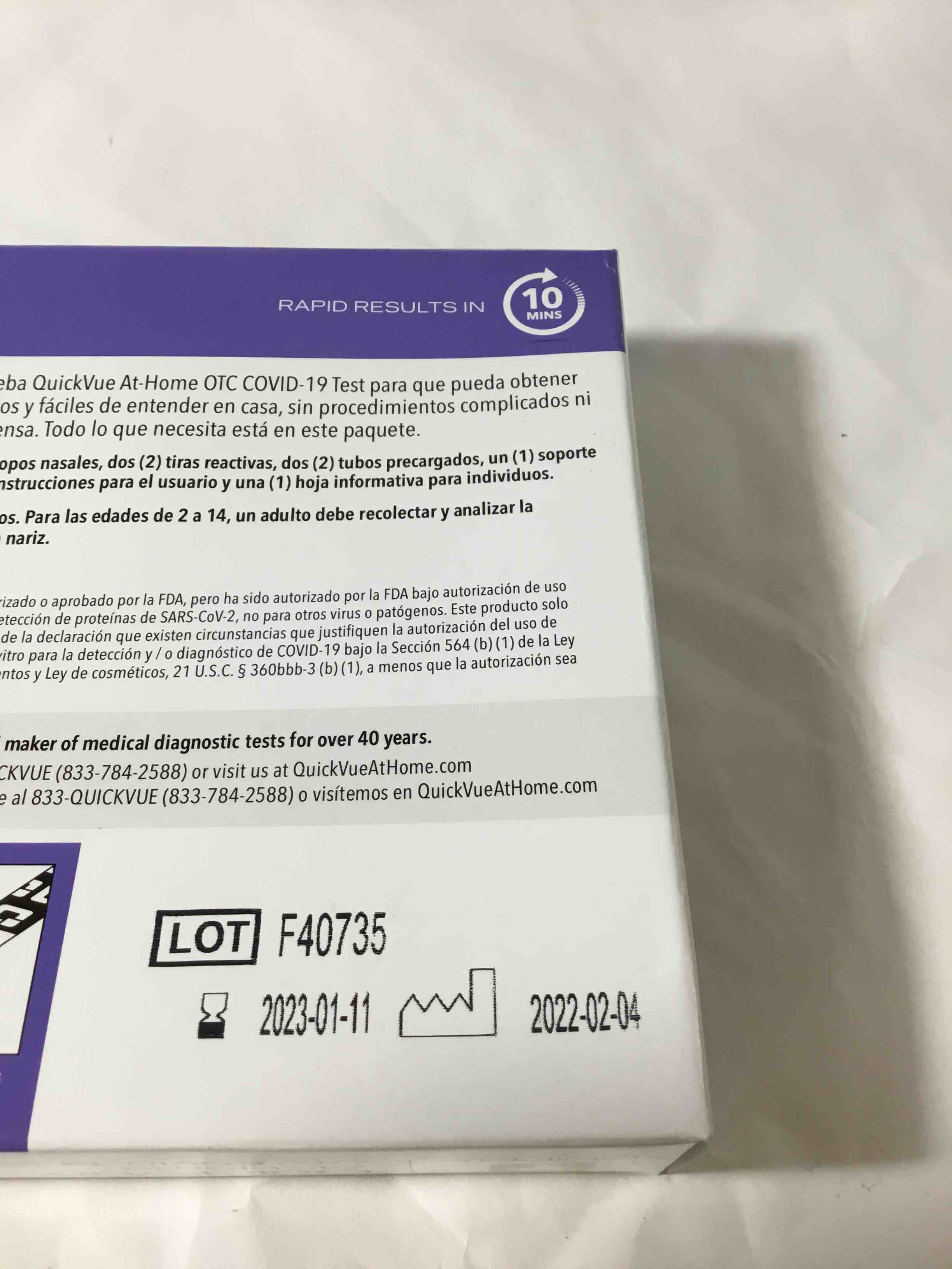 Condition photo showing As Is for Quidel QuickVue At-Home OTC COVID-19 Test kit.  