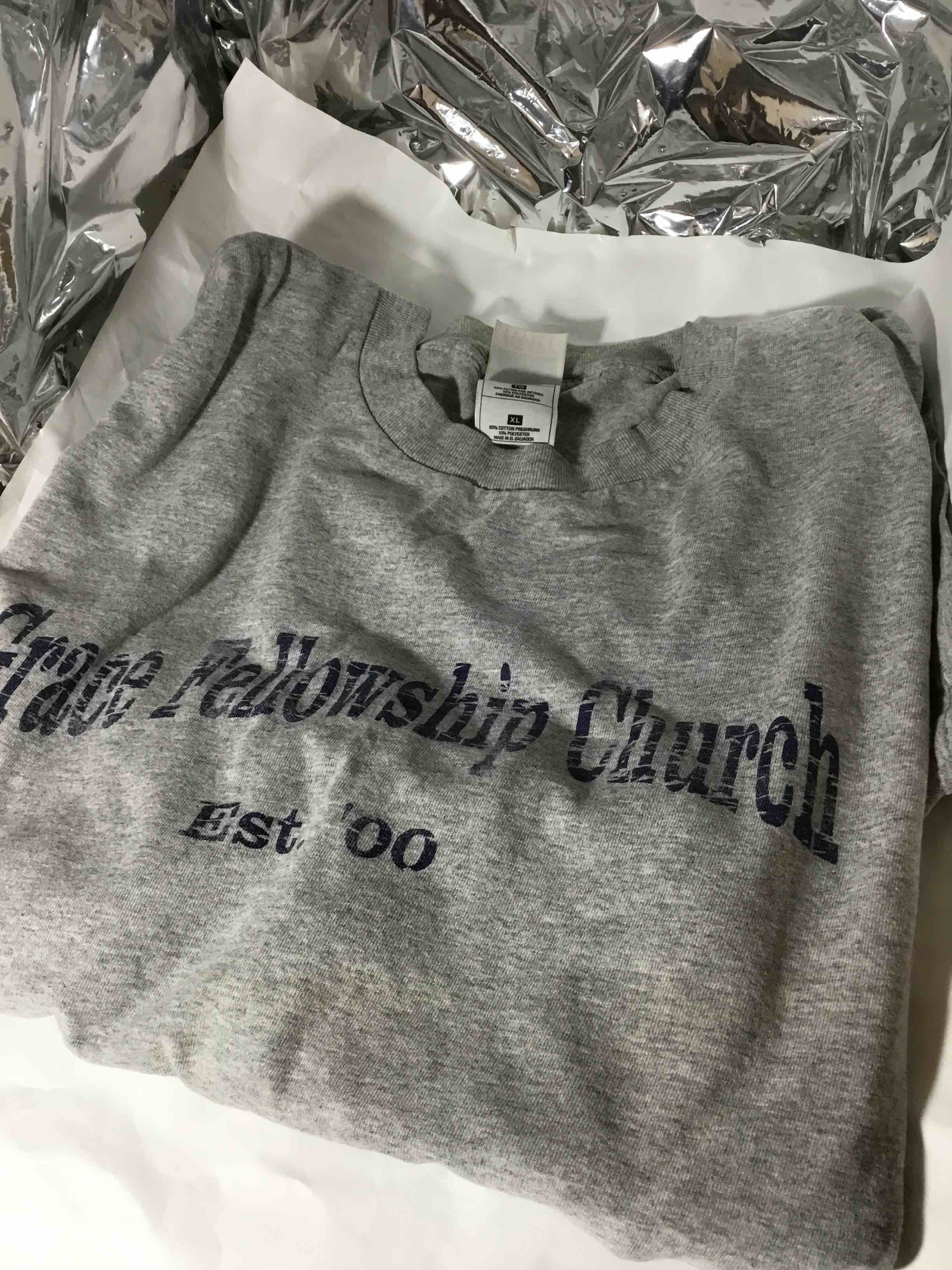 Condition photo showing As Is for Gray short sleeve extra large T-shirt from Grace Fellowship Church