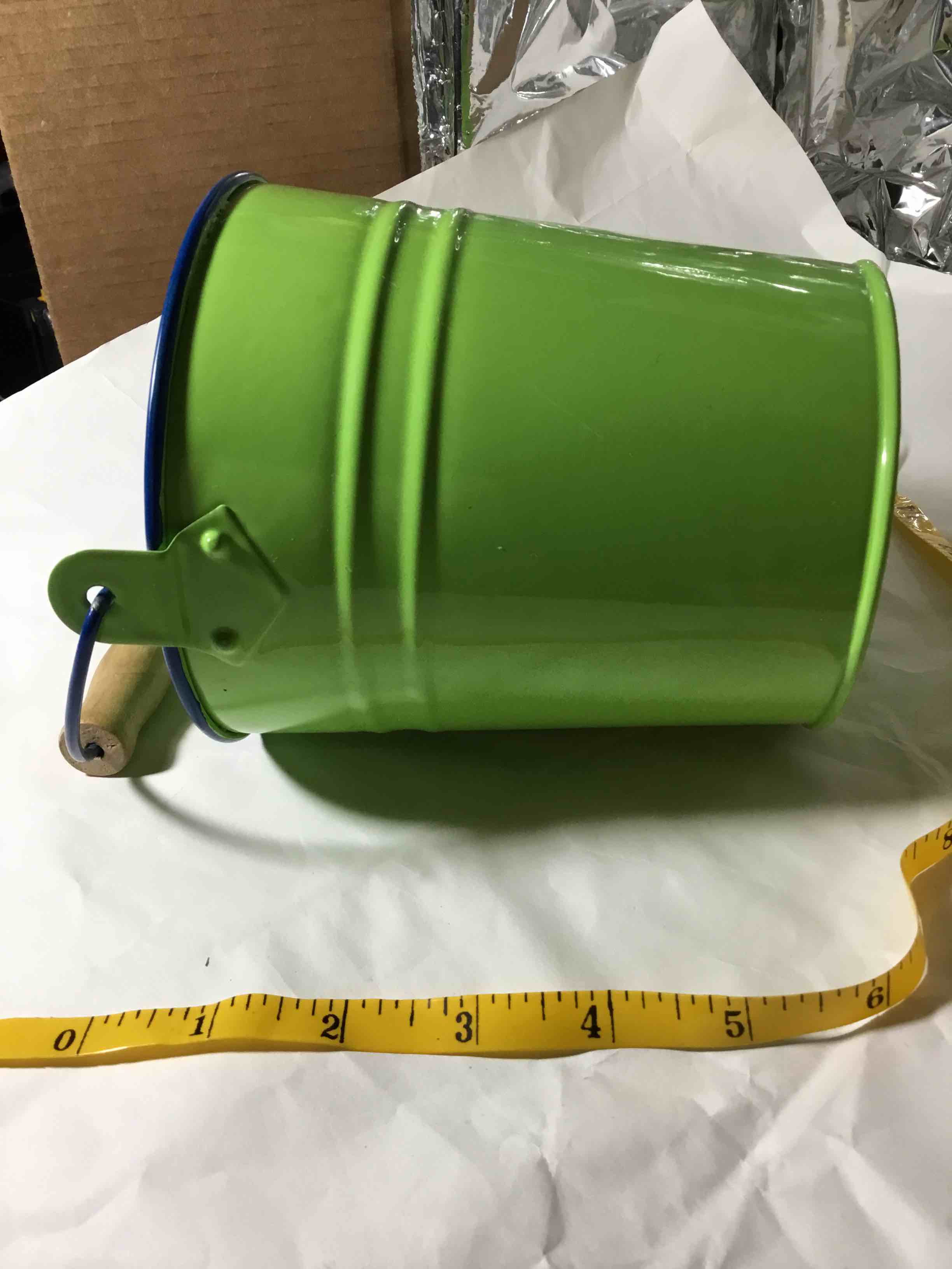 Condition photo showing Brand New for Small green metal tin pail with a wooden handle grip