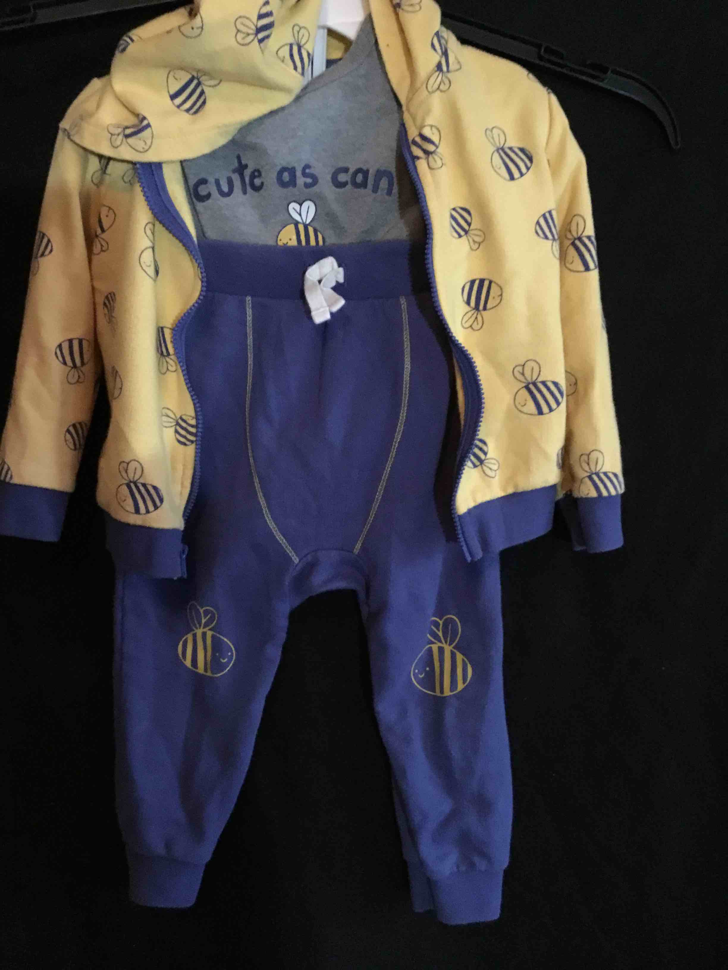 18 Month, baby outfit set featuring a yellow bee-patterned hoodie, a grey "cute as can bee" onesie , and blue pants with bee graphics on the knees. 