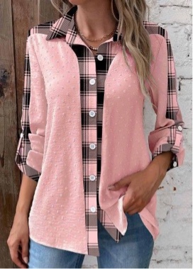 (L) Women's pink and plaid long sleeve button-up shirt or blouse
