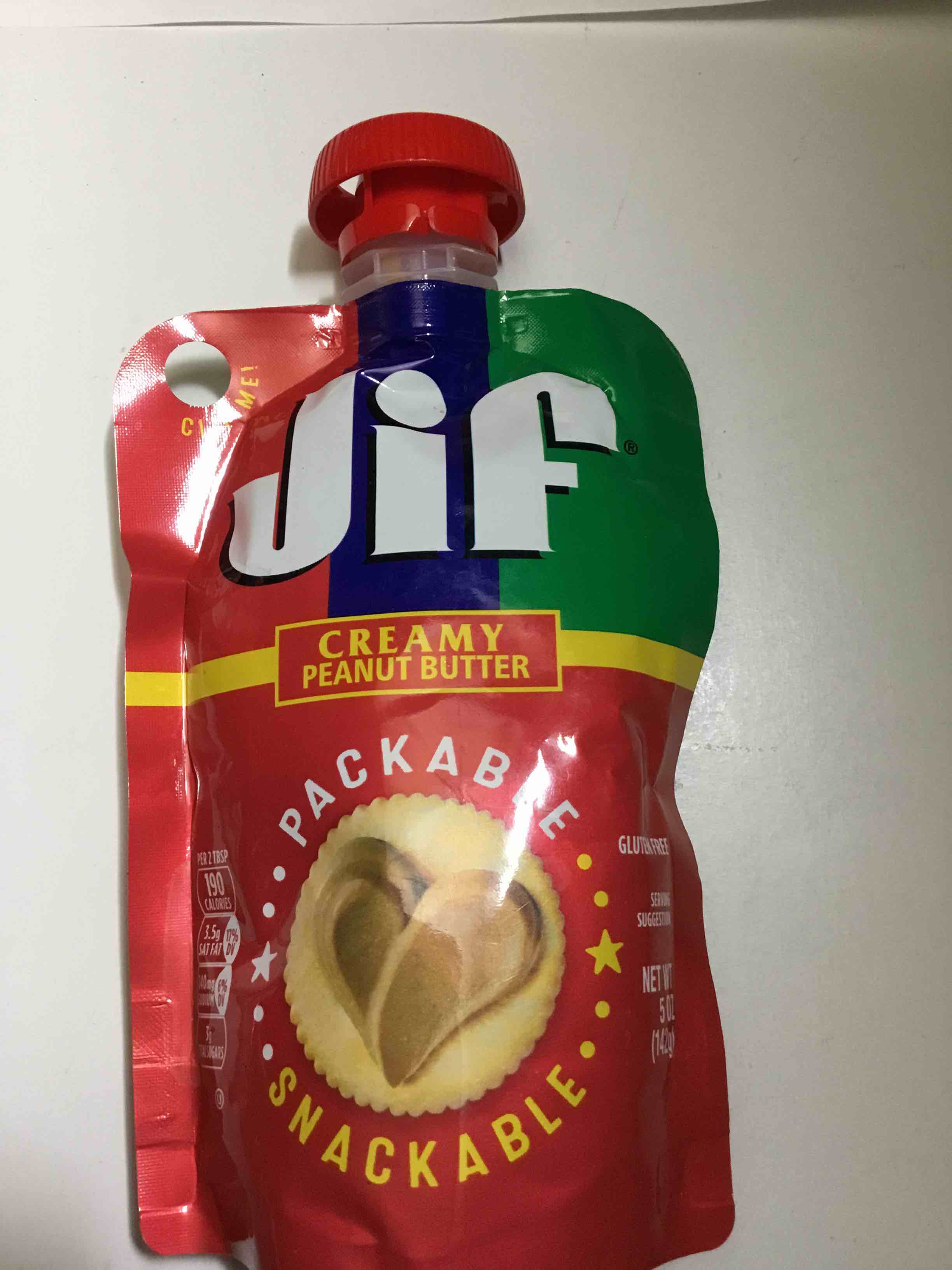 Jif Portable Squeeze Creamy Peanut Butter in a 5 oz (141g) resealable pouch