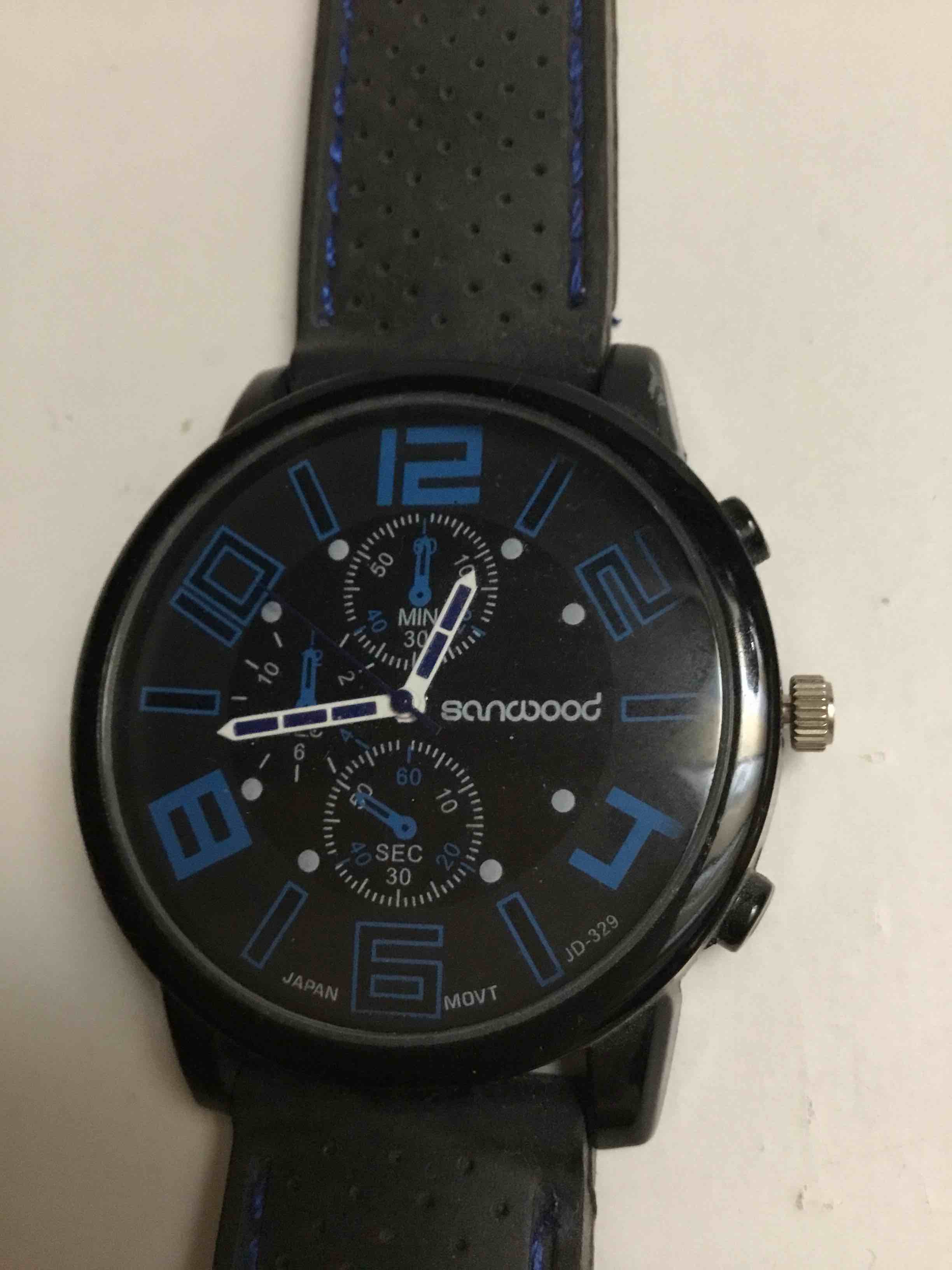  Sanwood Black Round Case Black Dial Rubber Band Watch Blue accents 