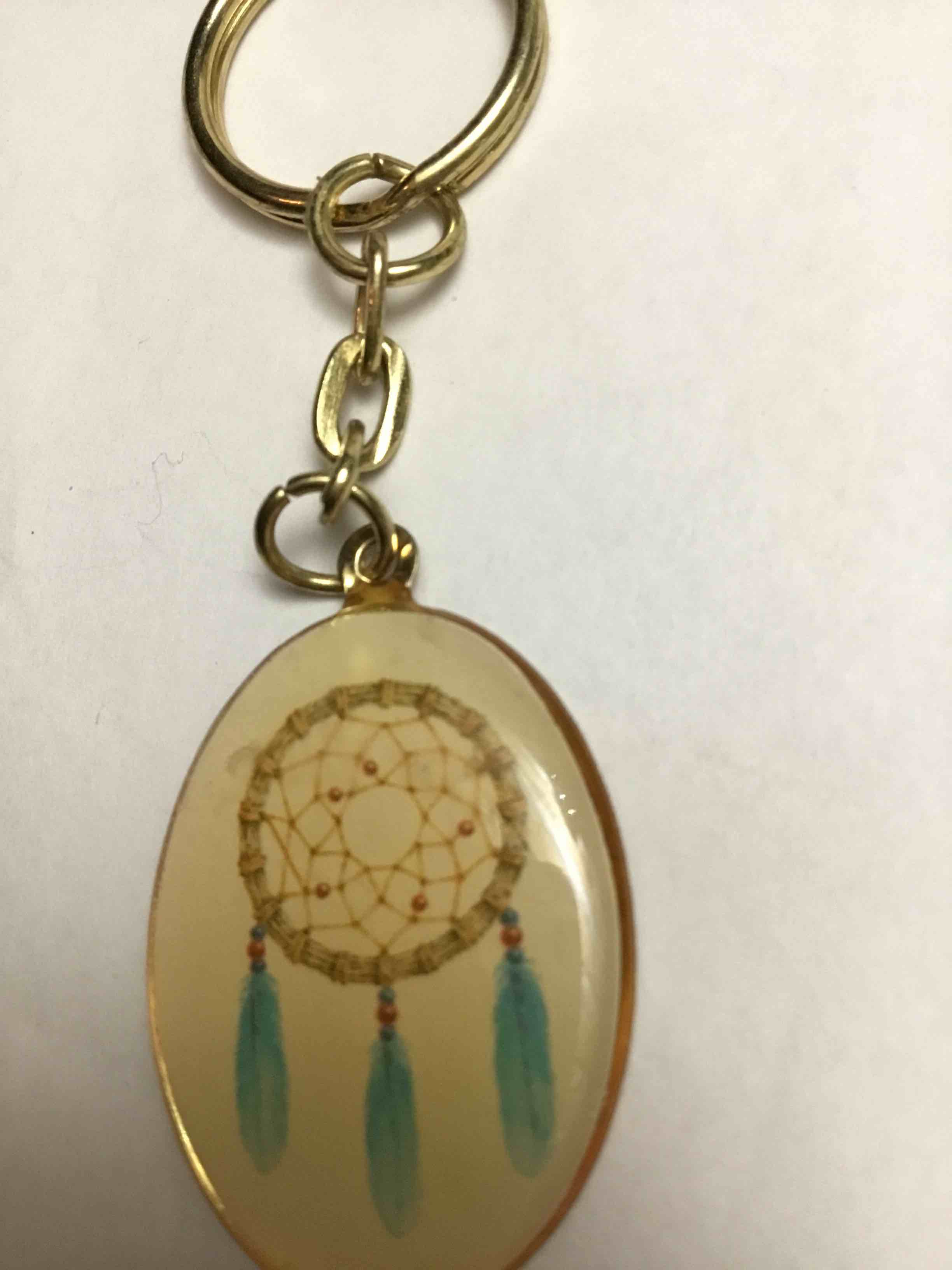 Dreamcatcher Keychain Oval Yellow Brass Clad Acrylic Red Green