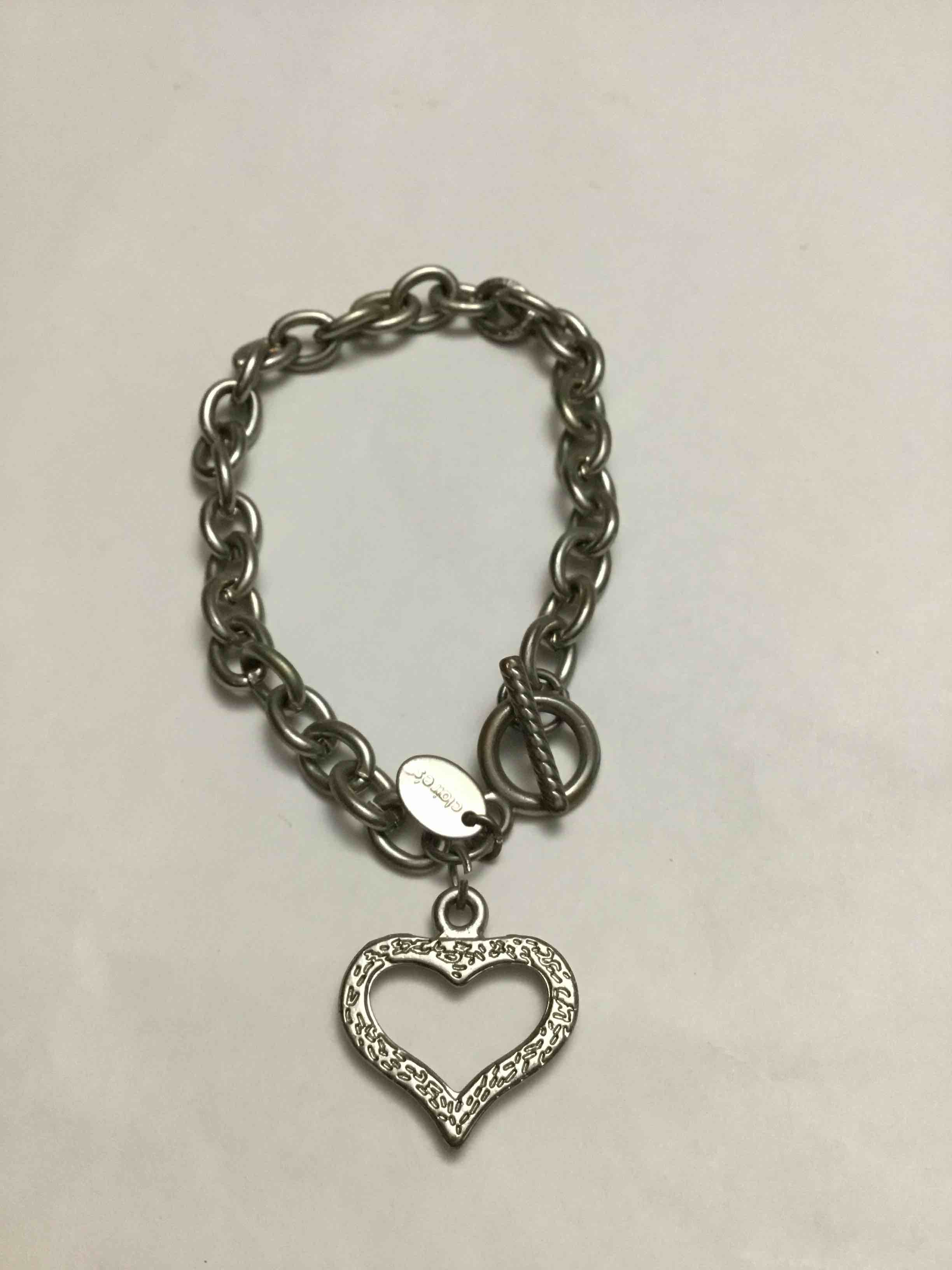 Silver-tone link chain bracelet with a heart charm and toggle clasp