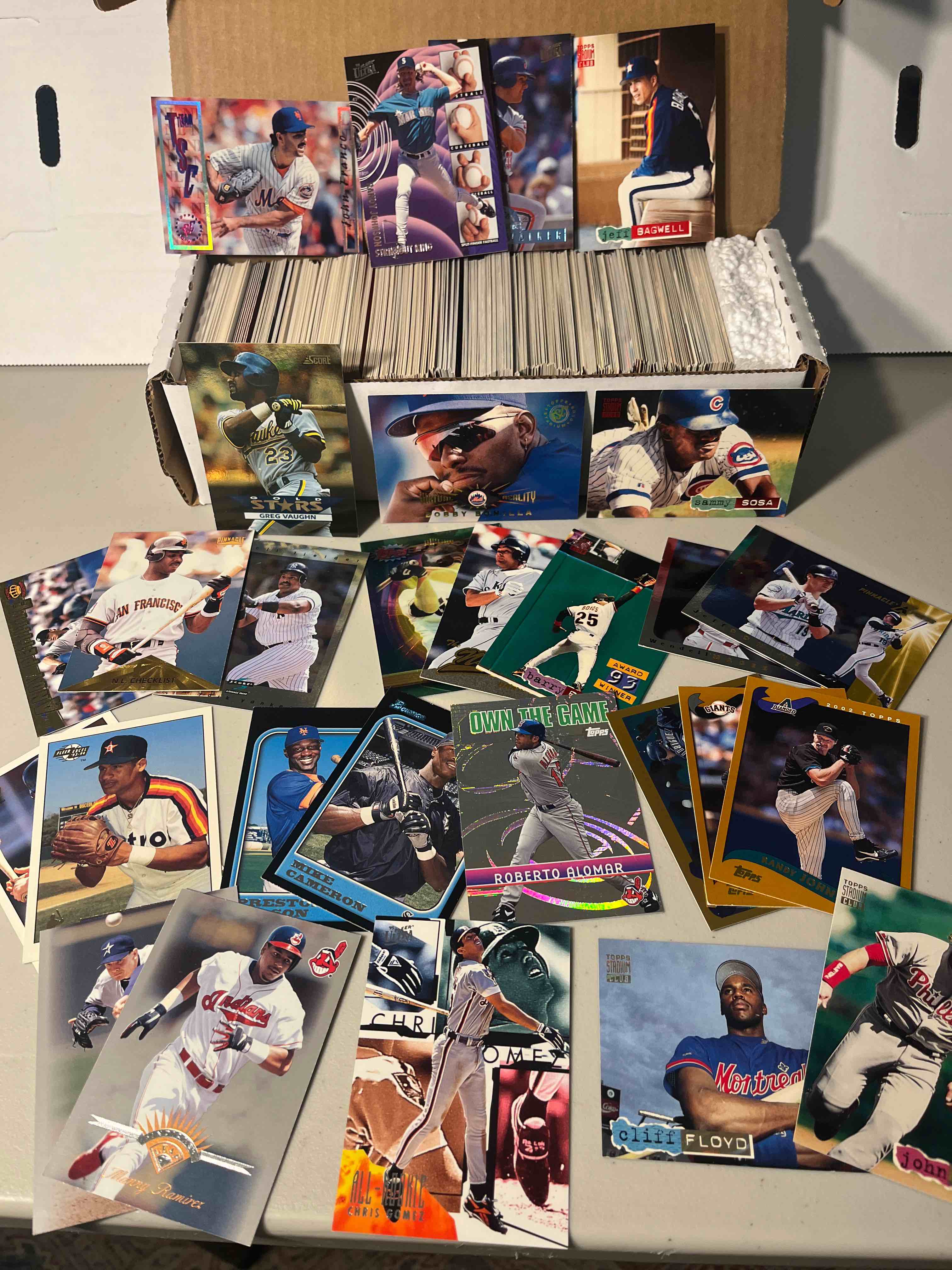 500+ ct. mixed box 1993-1998 Baseball cards- Bowman, Fleer Excel, Finest, Ultra, Pinnacle, Topps and Stadium Club- HOFs, Stars, and Rookies