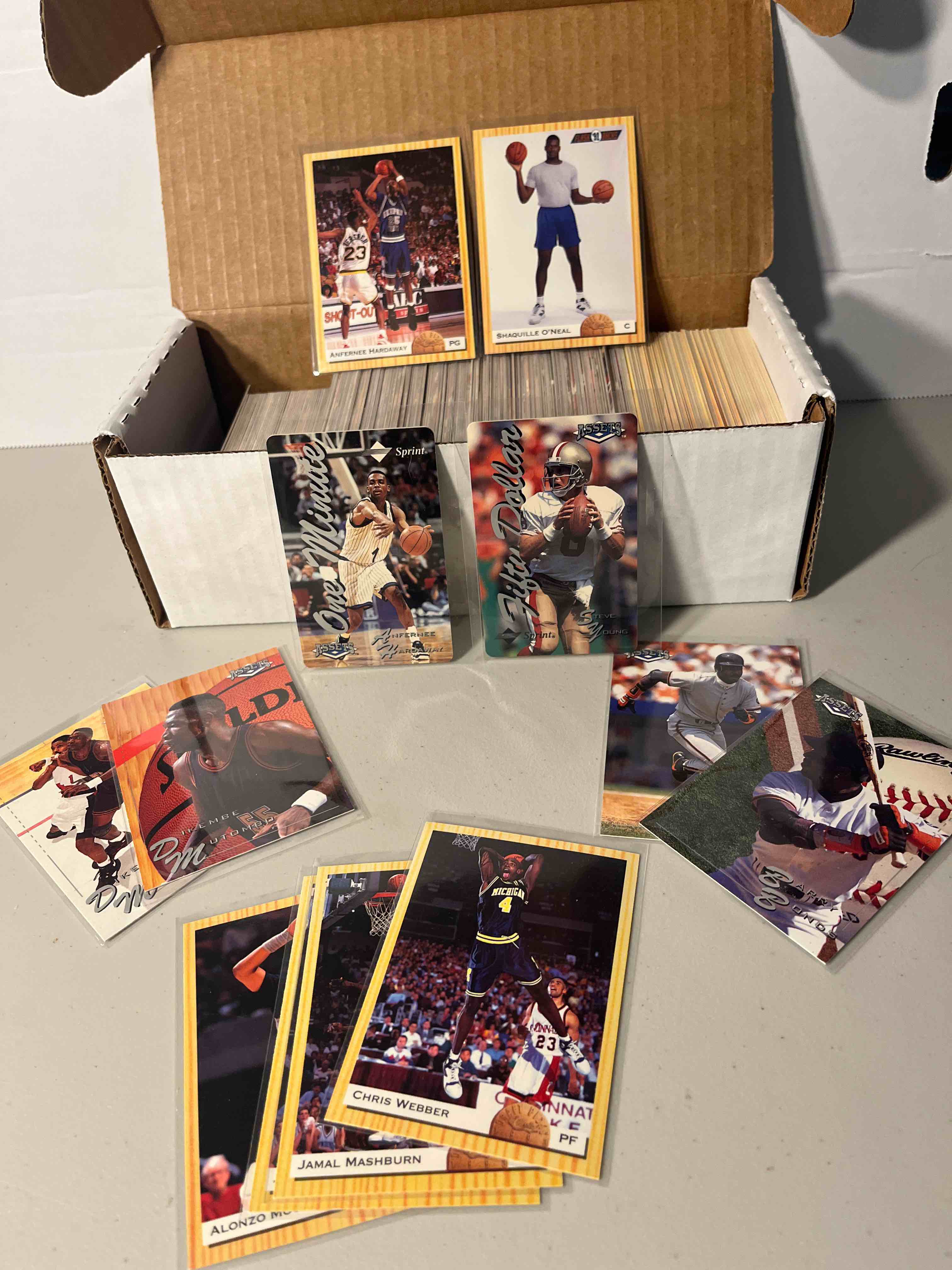 500+ ct. box 1993 Classic Draft Basketball cards and 1994 Classic Assets 4-Sport cards- Shaq and Penny, Barry Bonds, Steve Young- Short Print Calling Card Inserts, all NM+