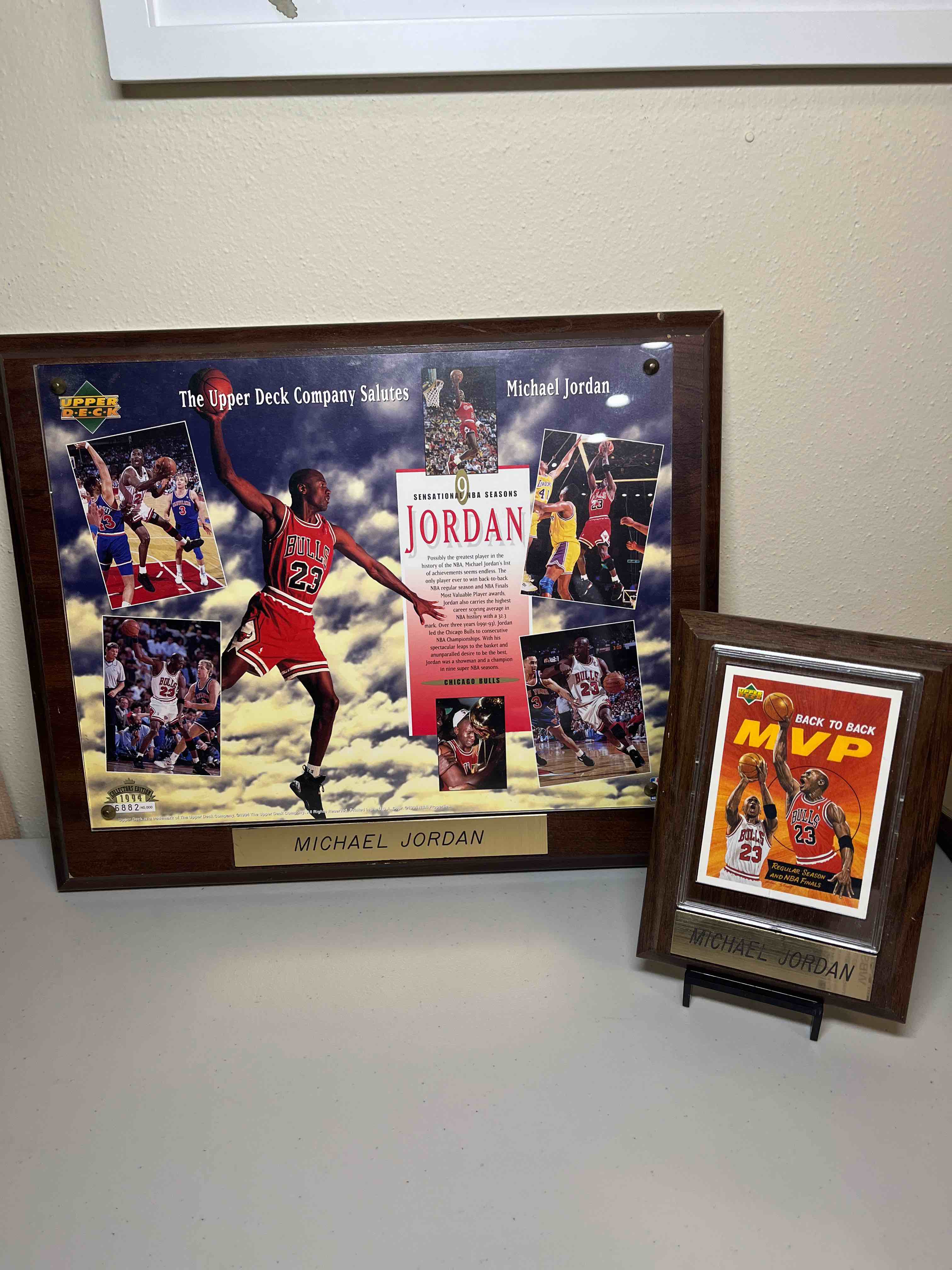 (2) Collectible Michael Jordan Plaques/Trading Card Display- 1994 Upper Deck Collectors Edition Serial #d 6882/40,000! Upper Deck Back to Back MVP Card!