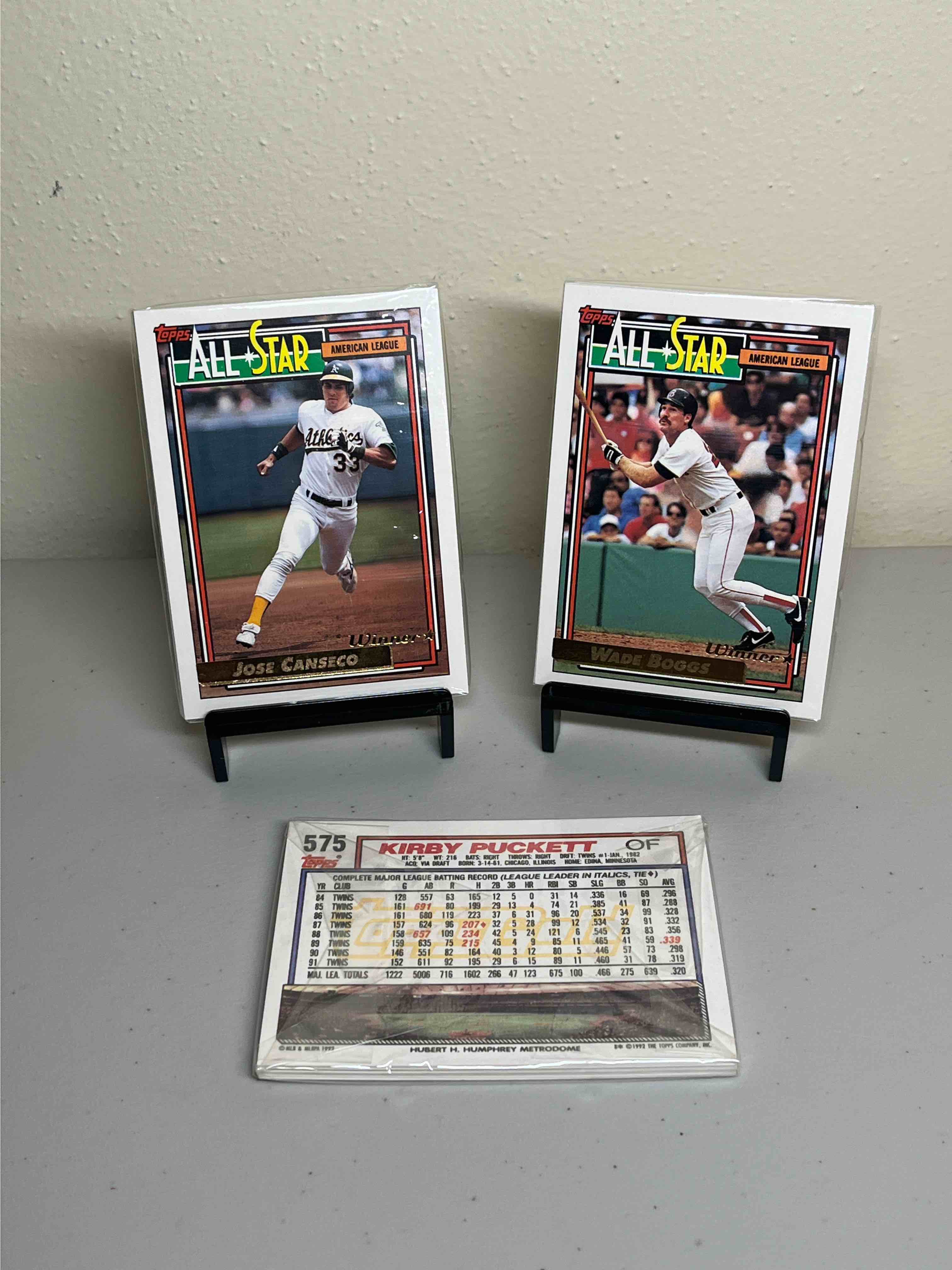(3) Sealed Topps Gold Winner Baseball Cards- Sealed Cellophane Packs- All Topps Gold! Jose Canseco, Wade Boggs, & Kirby Puckett showing through!!