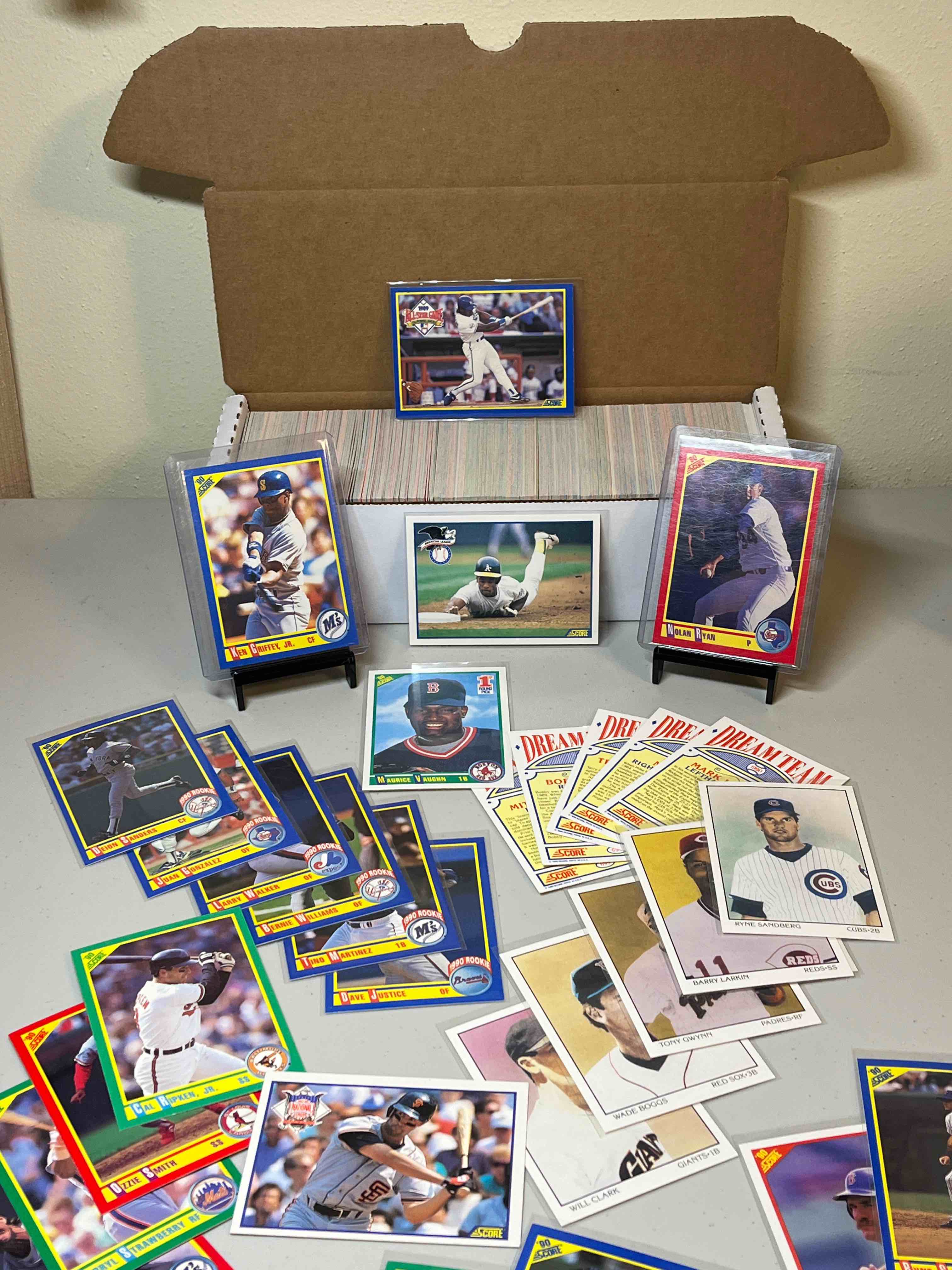 Box of 1990 Score Baseball Cards- Ken Griffey Jr., Nolan Ryan, Bo Jackson, Rickey Henderson!! Awesome Rookie Class- Deion Sanders, Juan Gonzalez, Bernie Williams, Mo Vaughn and more! All mint condition!