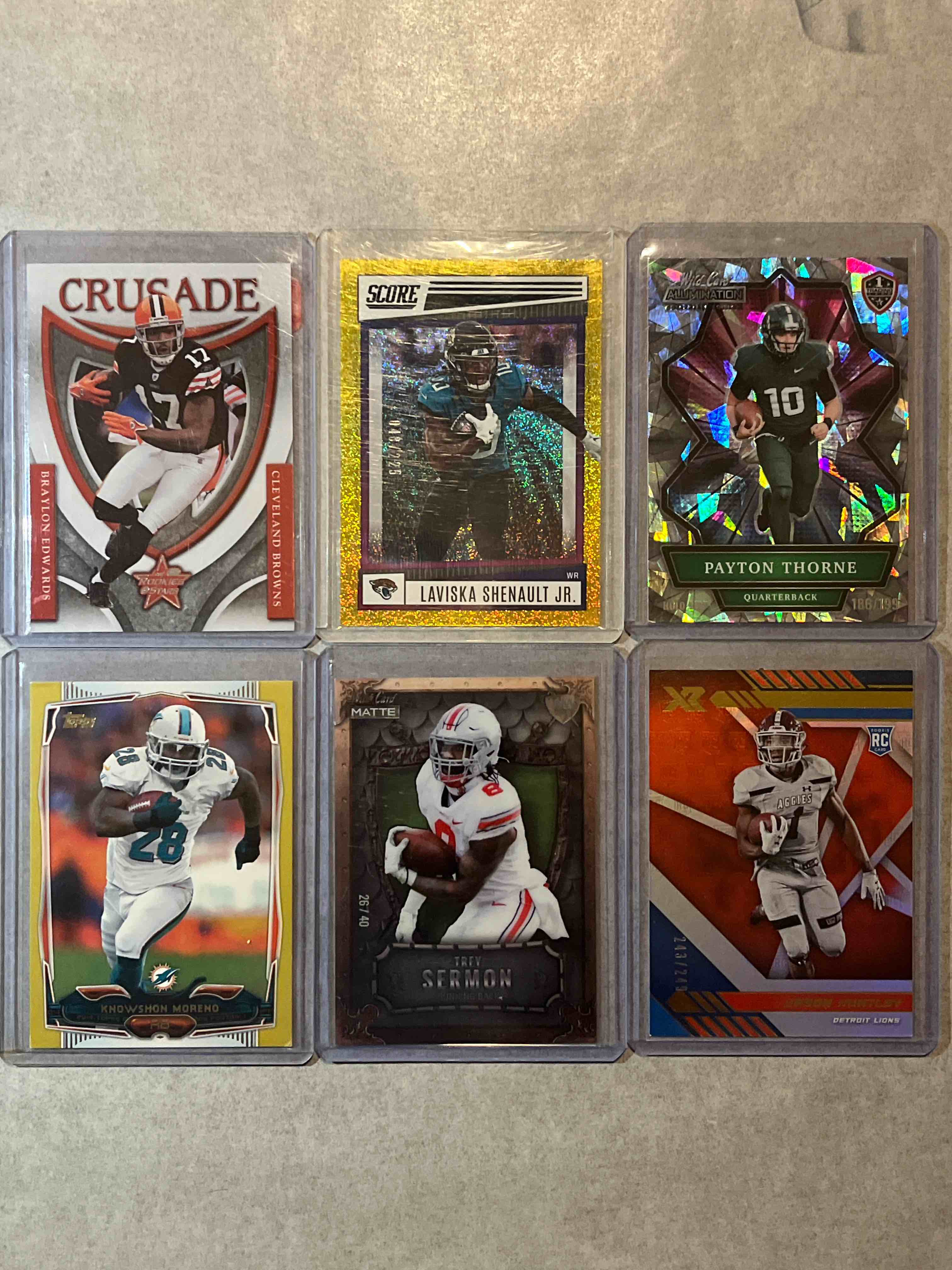 (6) Card lot Modern Short Print Serial #d Football Cards- Donruss, Panini, Topps & Wild Card! Ohio State OSU Trey Sermon, Cleveland Browns Braylon Edward’s, KnowShon Moreno & More!!