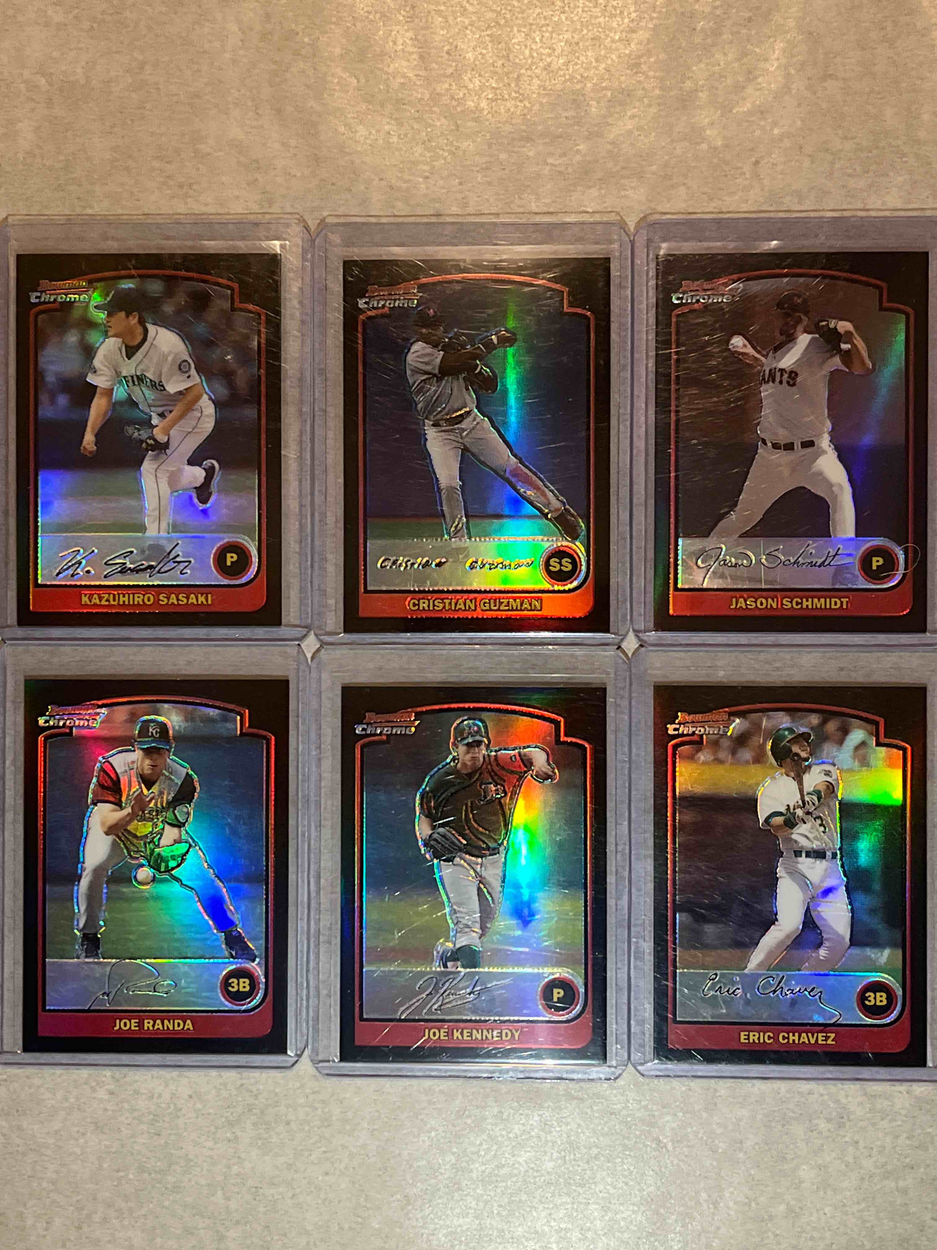 (6) Card lot 2003 Topps Bowman Chrome Baseball Cards- All Refractors!! Kazuhiro Sasaki, Christian Guzman, Eric Chavez & more!!